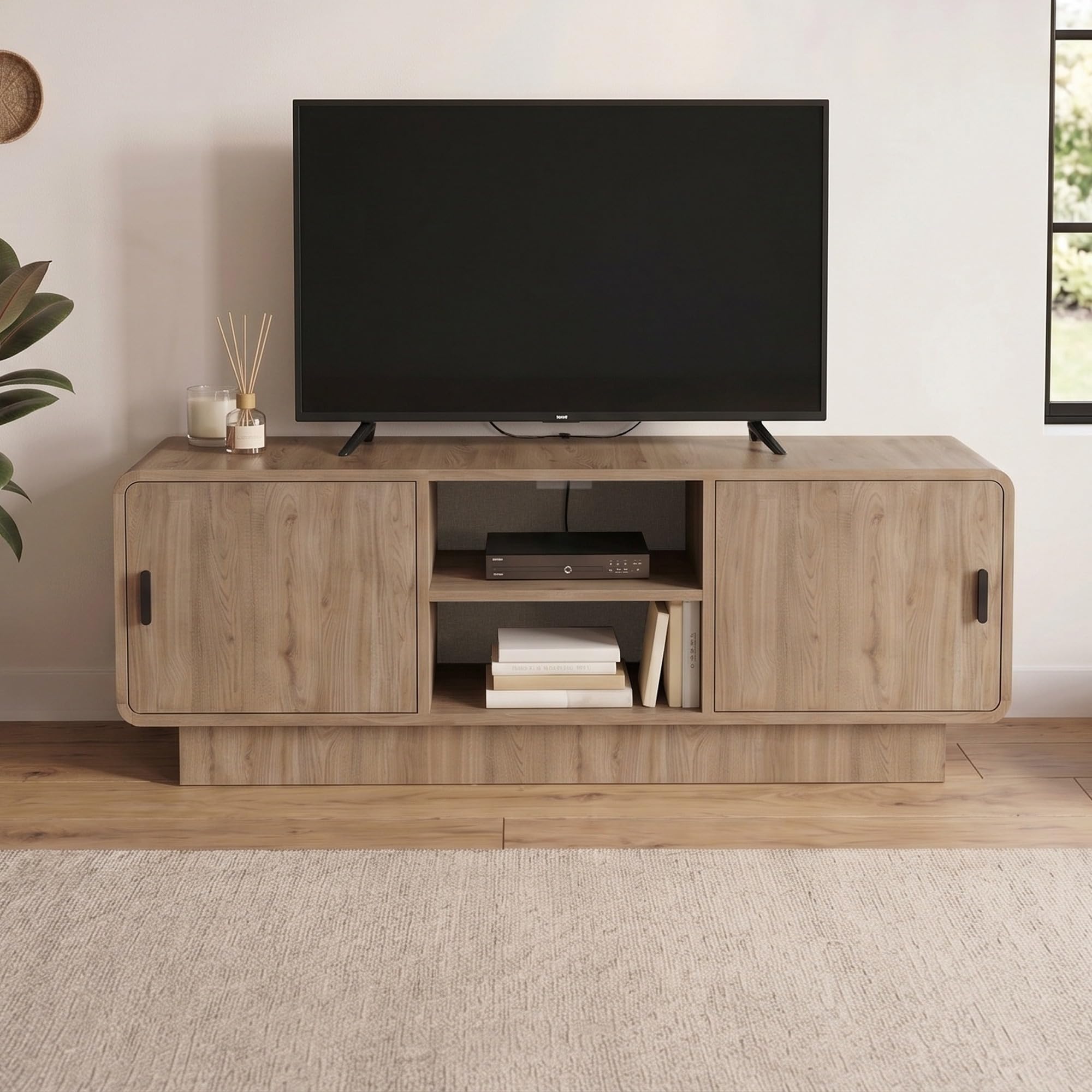 HOCUS PICUS TV Unit with 2 Soft-Close Doors & Open Media, Natural Oak