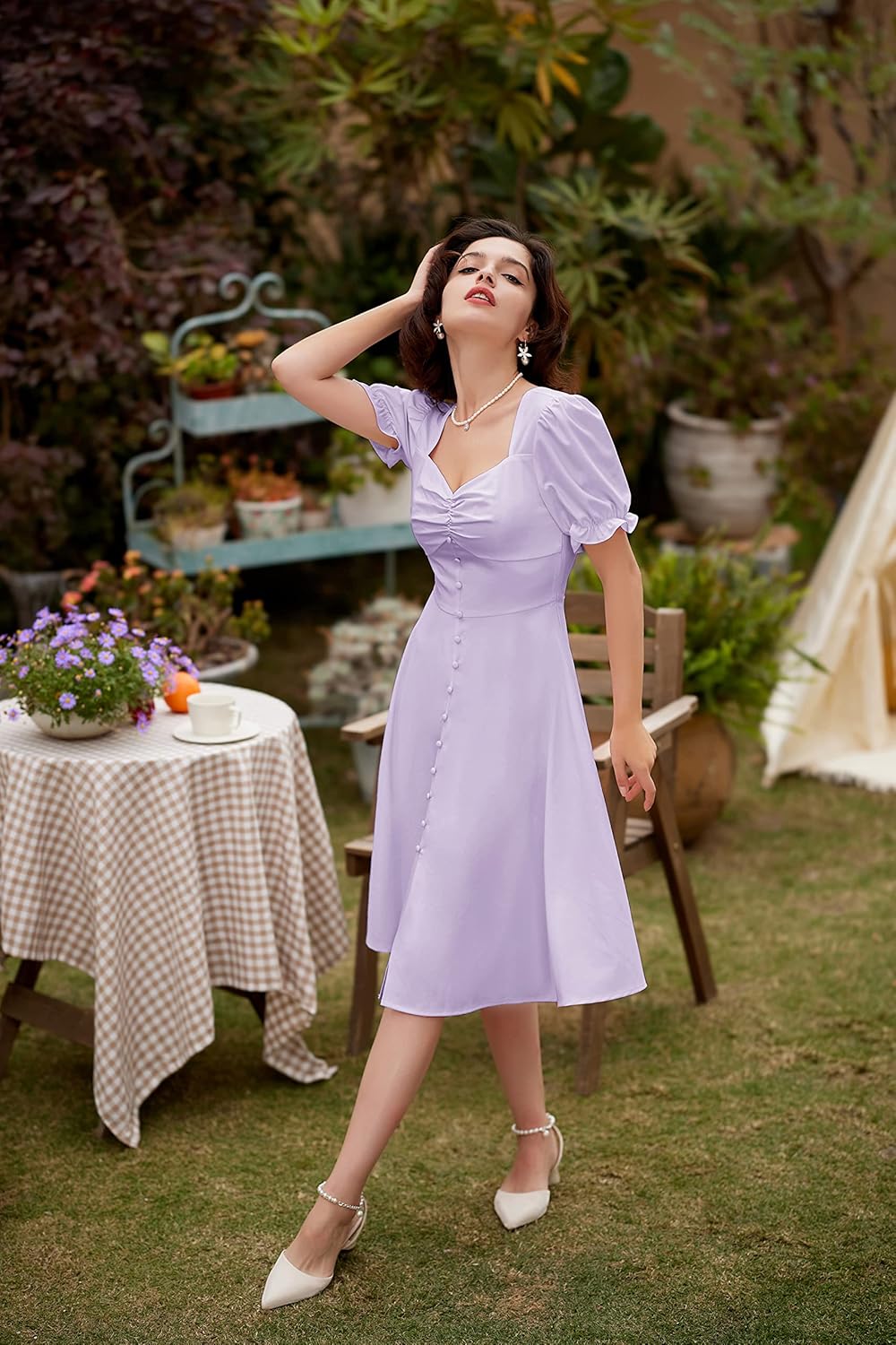 Belle Poque Women's 2024 Summer Puff Short Sleeve A-Line Satin Midi Dress 1950s Vintage Party Swing Dresses - Image 6