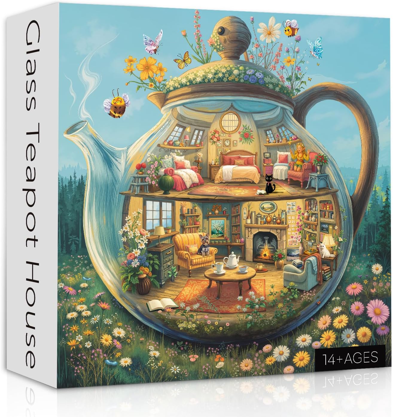 Teapot House Puzzle 1000 Pieces for Adults, Colorful Butterfly Garden Jigsaw Puzzles, Challenging Room Art Puzzles as Wall Decor