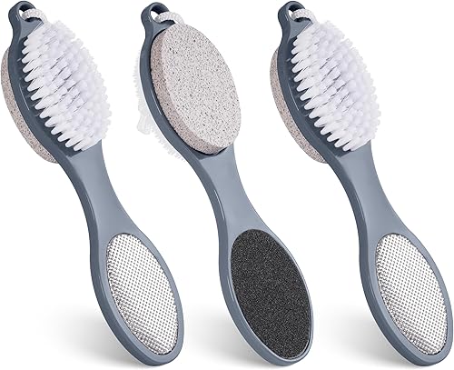 3 cepillos 4 en 1 para pies para uso en la ducha con piedra pómez, raspador de pies y papel de lija, cepillo de limpieza de pies para pies,