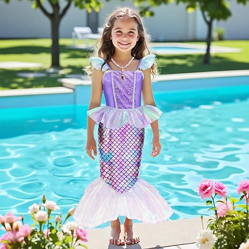 Miniatura 6 de Meland Vestido de Sirena Disfraz de La Sirenita con Bolsa para Niñas de 3-10, Vestido de Princesa para Regalo de Cumpleaños, Disfraz de Halloween