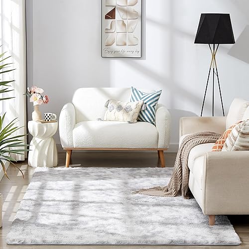 FASSWFASS Fluffy Rug for Living Room,Shag Area Rug Grey Faux Fur Soft Modern Rugs 6x9 Tie-Dye Ultra Non-Slip Shaggy Area Rug for Living Room Bedroom Girls Kids Room 6 * 9