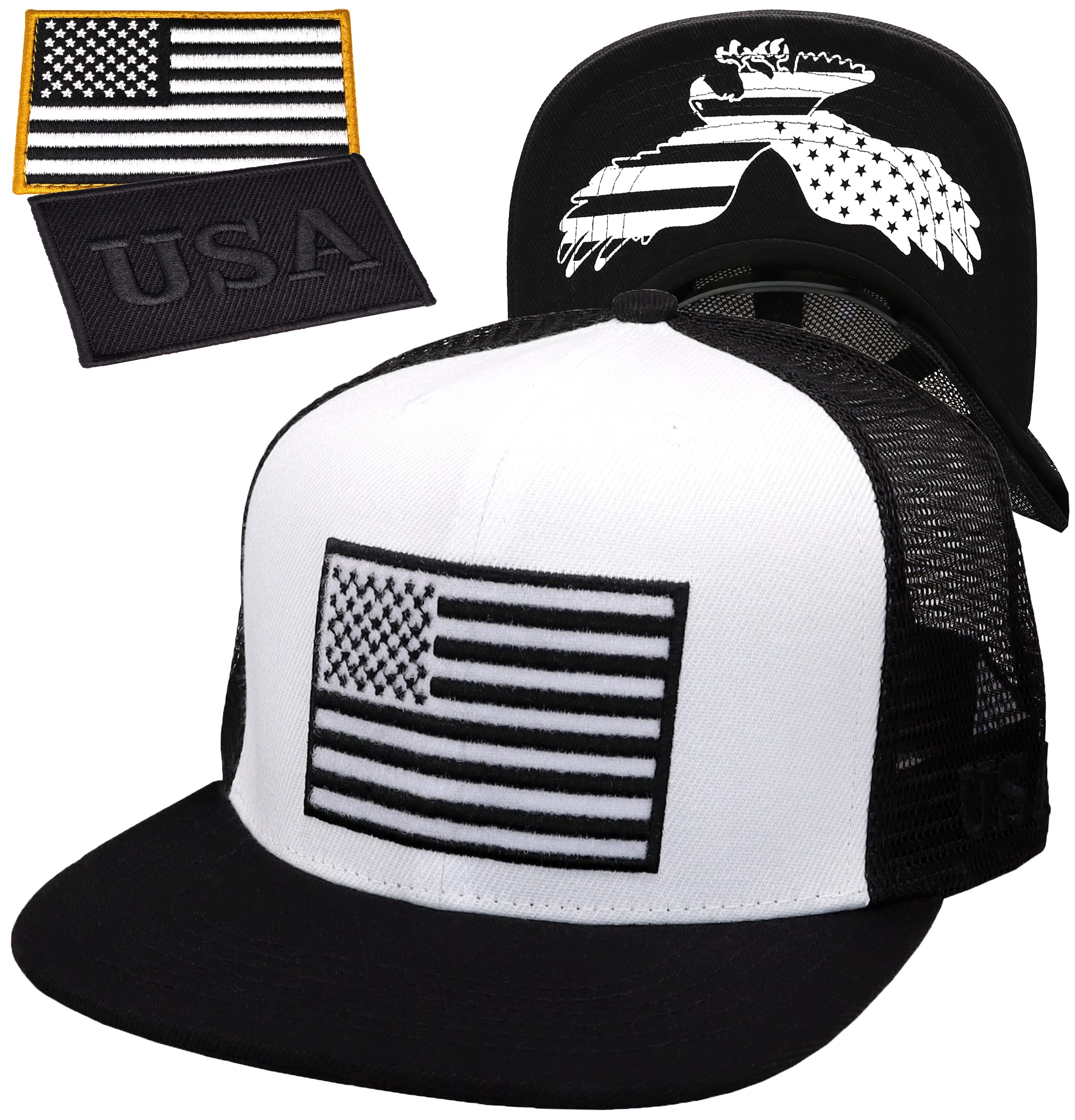 Antourage American Flag Unisex Baseball Hat for Men and Women | USA Flag Mesh Snapback Cap with 2 Patriotic Patches