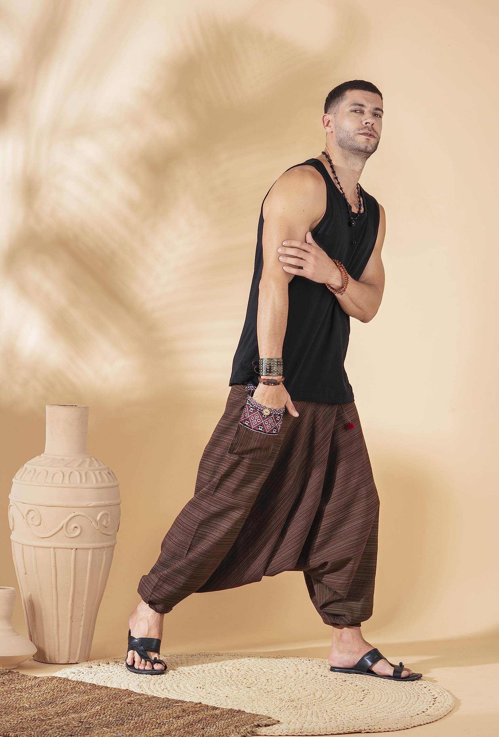 The Veshti Company Cotton Baggy Pants Drop Crotch Harems for Men's Loose Boho Oversized Striped Meditation Yoga Pant with Pocket, Brown - Ravening Wings, L 3