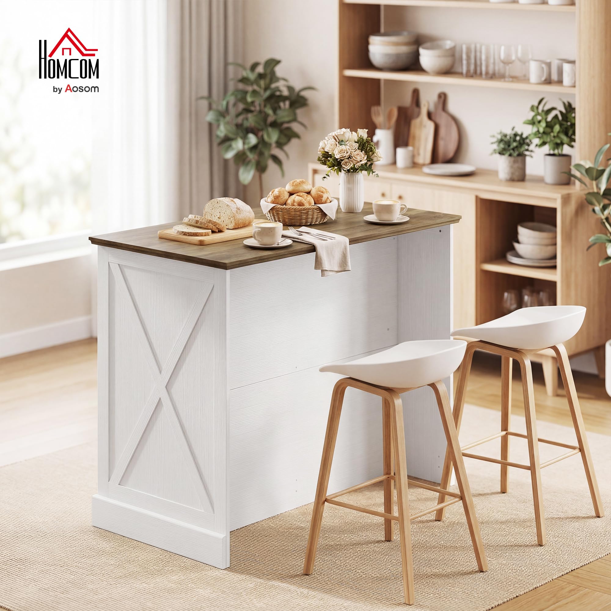 HOMCOM Îlot Central Cuisine, Buffet Cuisine, Meuble de Rangement avec 2 Tiroirs, 2 Portes Coulissantes et Étagère Réglable, Style Rustique, 106,4 x 57 x 92 cm, Blanc et Marron