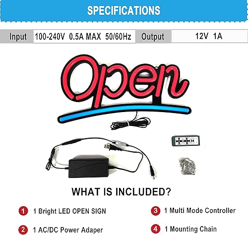 Miniatura 3 de Letrero abierto para negocios, letrero abierto LED de 16 x 9 pulgadas, 4 modos de iluminación/constante, brillo ajustable, control remoto, letrero