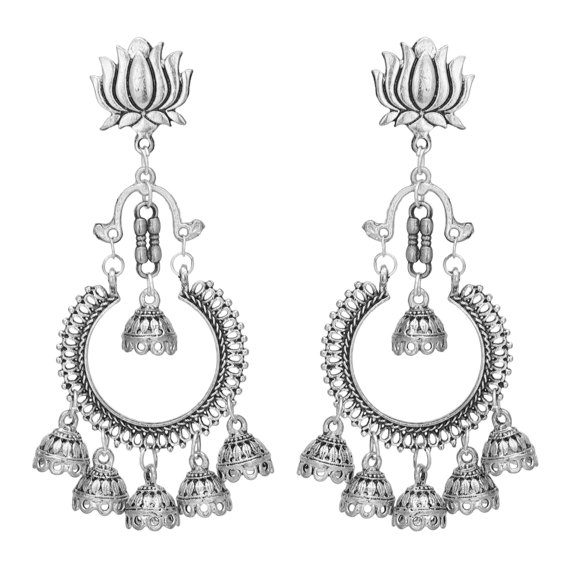 Shreyadzines Stylish Designer Oxidised Silver Lotus Ethnic Fusion Traditional ChandBali Jhumka/Jhumki Earrings for Women