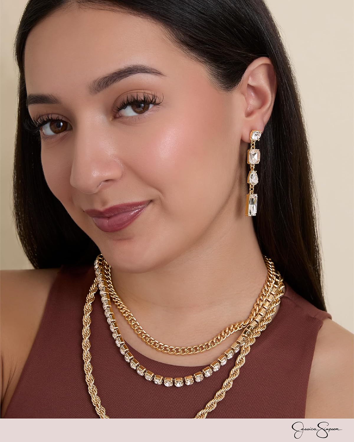 Jessica Simpson Clear Crystal Dangle Earrings for Women, Gold-Tone Rhinestone Valentines Earrings - Image 2