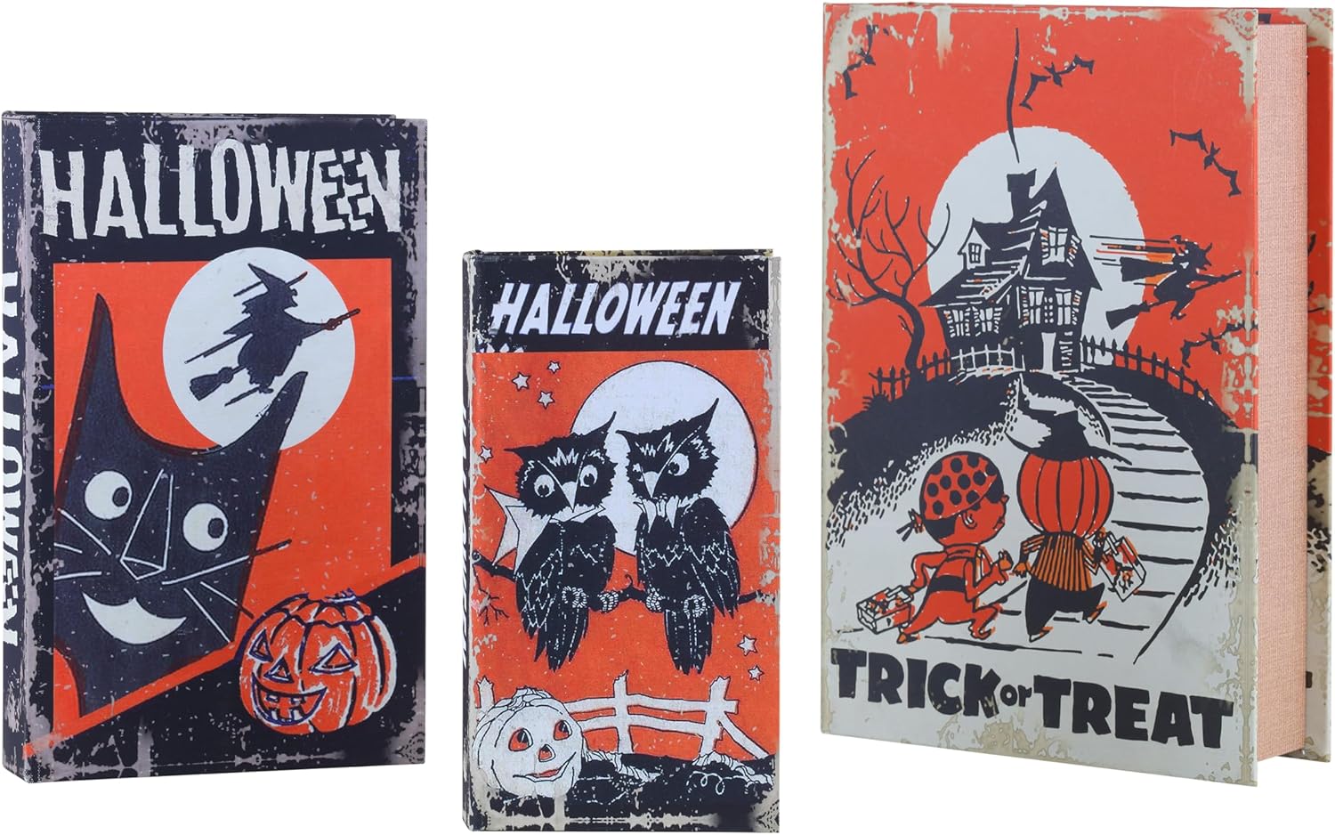 Mr. Halloween Set of 3 Retro Nested Storage Books, Vintage Black and Orange Halloween Decorative Boxes