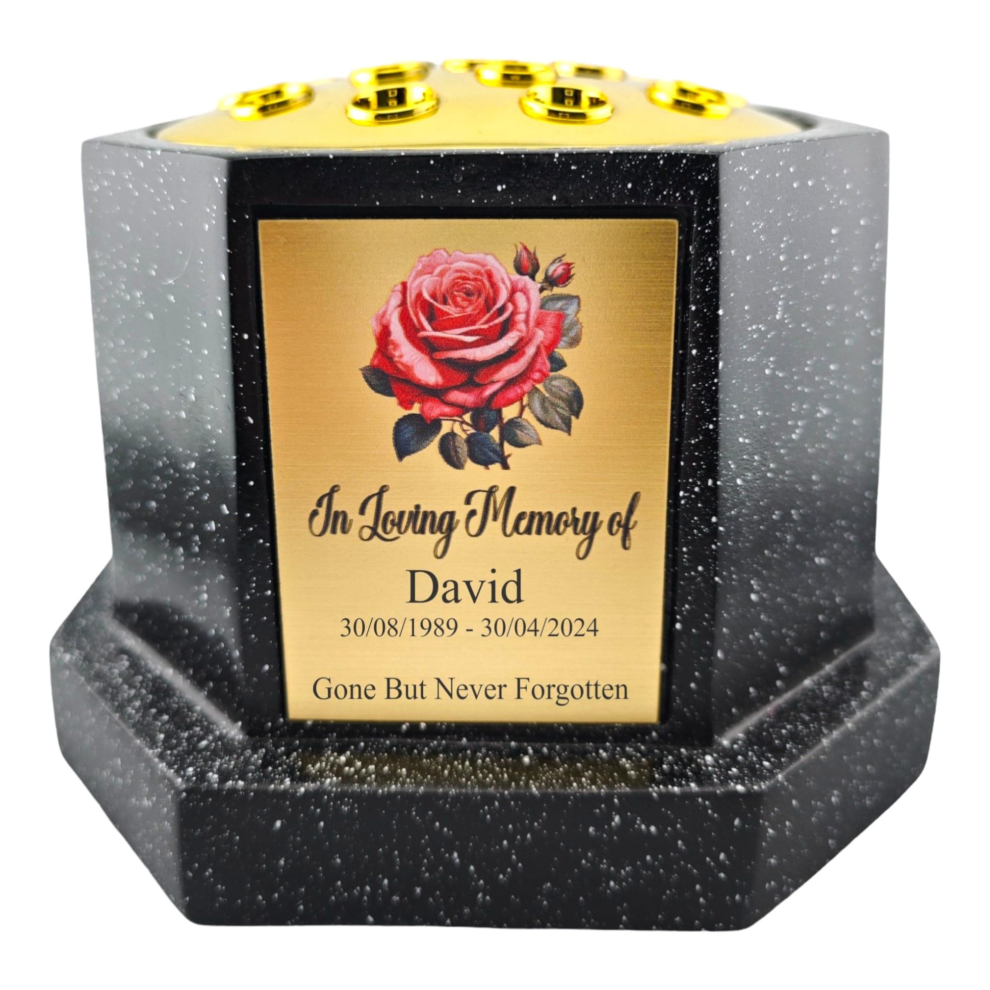 1stclassgifts Personalised Printed White or Black Memorial Rose Bowl Grave Marker Flower Pot Vase Rose Design (UV PRINTED) (Black, Gold Lid/Gold Plate)