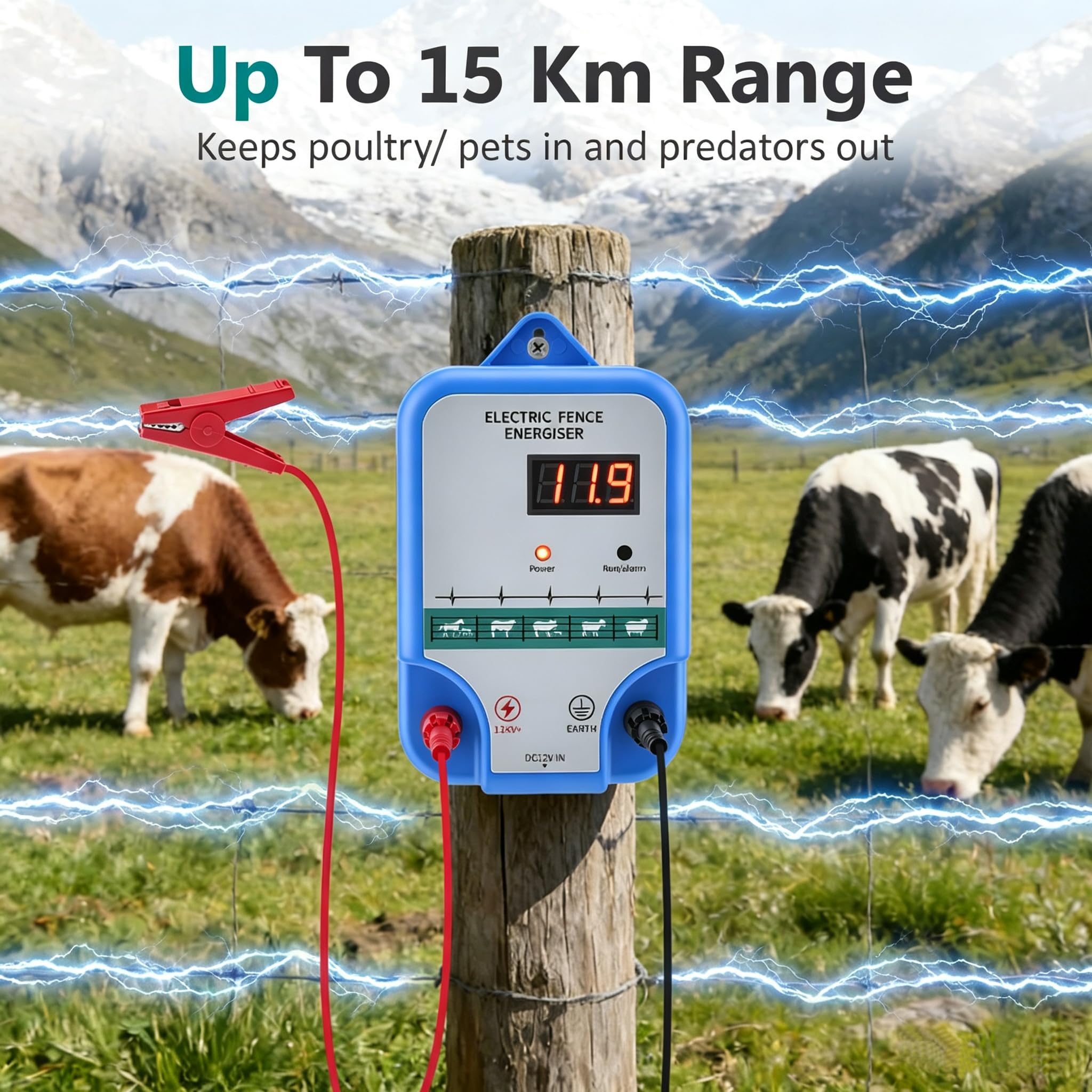 Elettrificatore per Recinto Elettrico 12KV 1.5J, Recinto Elettrico per Animali 15km con 3 Alimentazioni, AC230V Recinzione Elettrica per Animali Display LED Impermeabile per Cavalli Pecore Fattoria