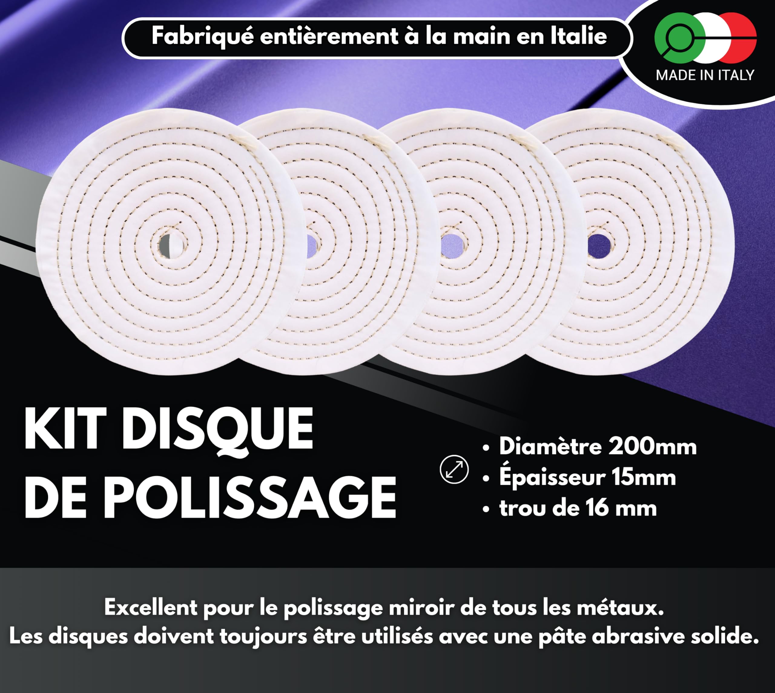 Ensemble de 4 Disques de Polissage en Coton 200 mm Trou de 16 mm pour Aluminium Acier Inoxydable Laiton Cuivre Bronze Fer