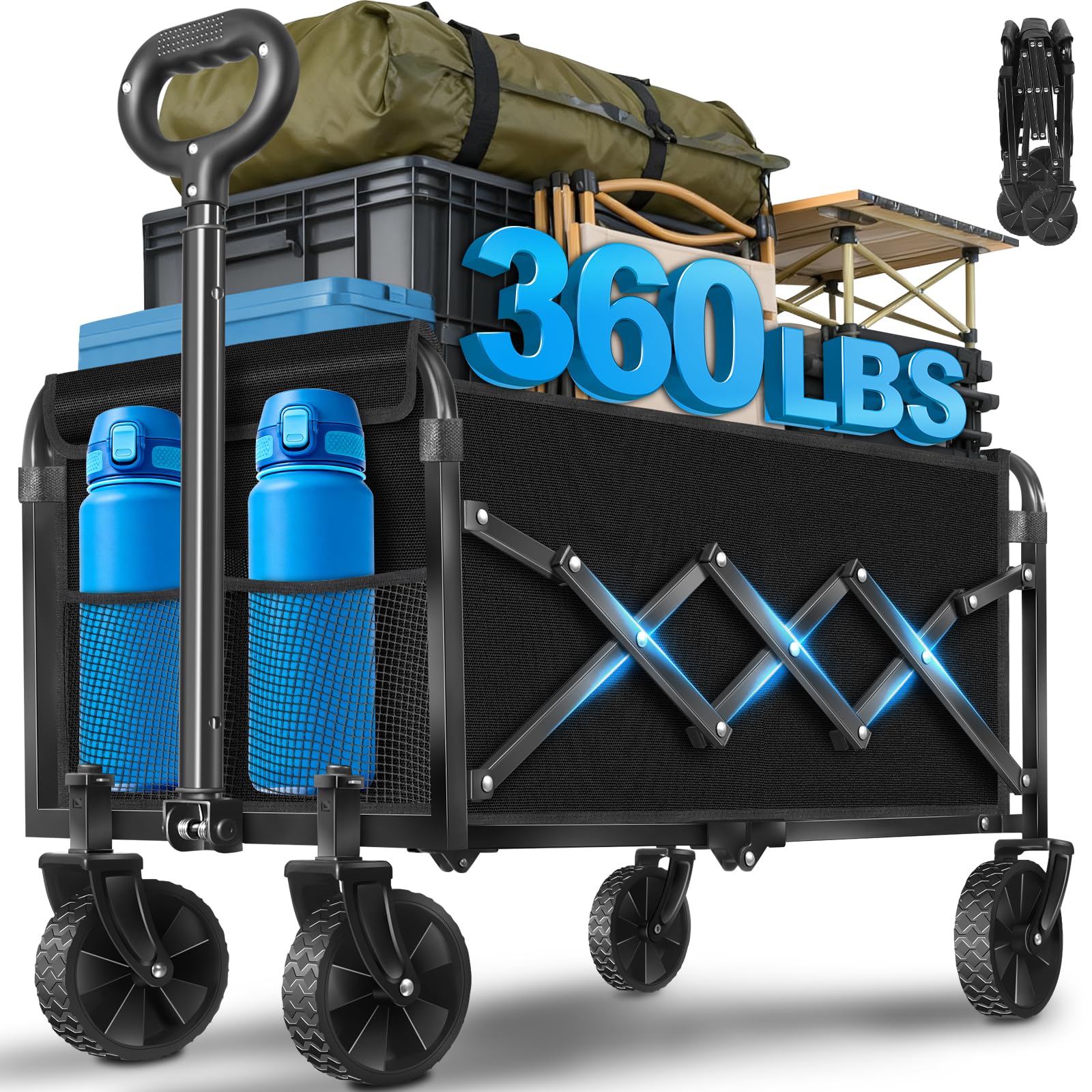 Wagons Carts Foldable, Collapsible Wagon with Wheels, 360LBS Folding Grocery Wagon Cart for Grocery, Camping, Shopping, Garden, Sports