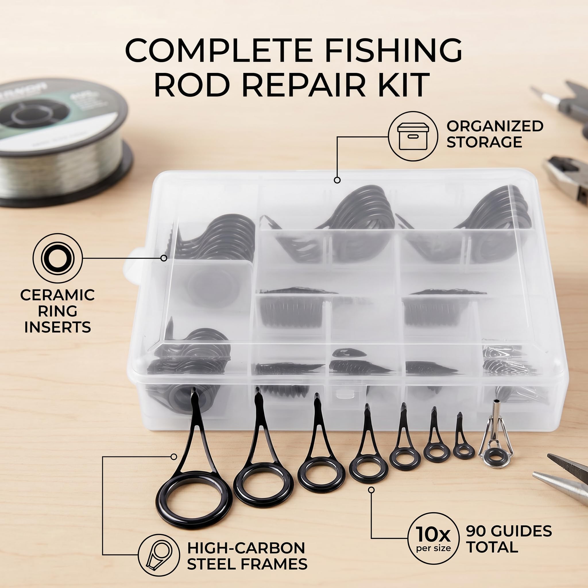 Wakects Kit d'anneaux de Guidage de Canne à Pêche 90 Pièces, en Acier à Haute Teneur en Carbone avec Embouts en Céramique pour Une Réparation Polyvalente de Canne à Pêche et Un Rangement Facile