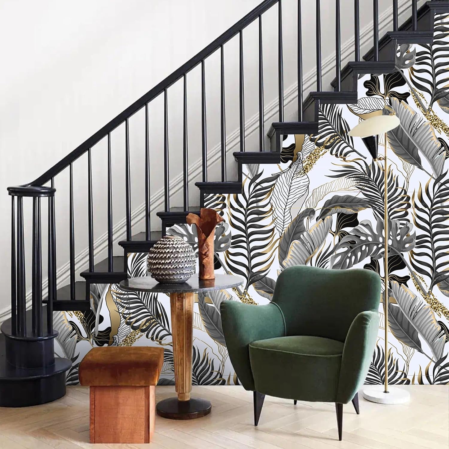 Modern Black/Gray/Gold Peel and Stick Wallpaper Tropical Leaf Self Adhesive Waterproof Contact Paper Removable Decorative Vinyl Wallpaper for Living Room Bedroom Cabinets 17.71" X 118.1"