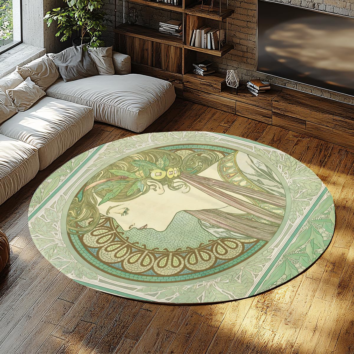 Vintage-Rundteppiche für Frauen Wohnzimmer 120cm | Boho-grüner Druck Schlafzimmer-Kreisteppich rutschfest waschbarer Teppich für Esszimmer, Eingangsbereich, Kinderzimmer, Büro