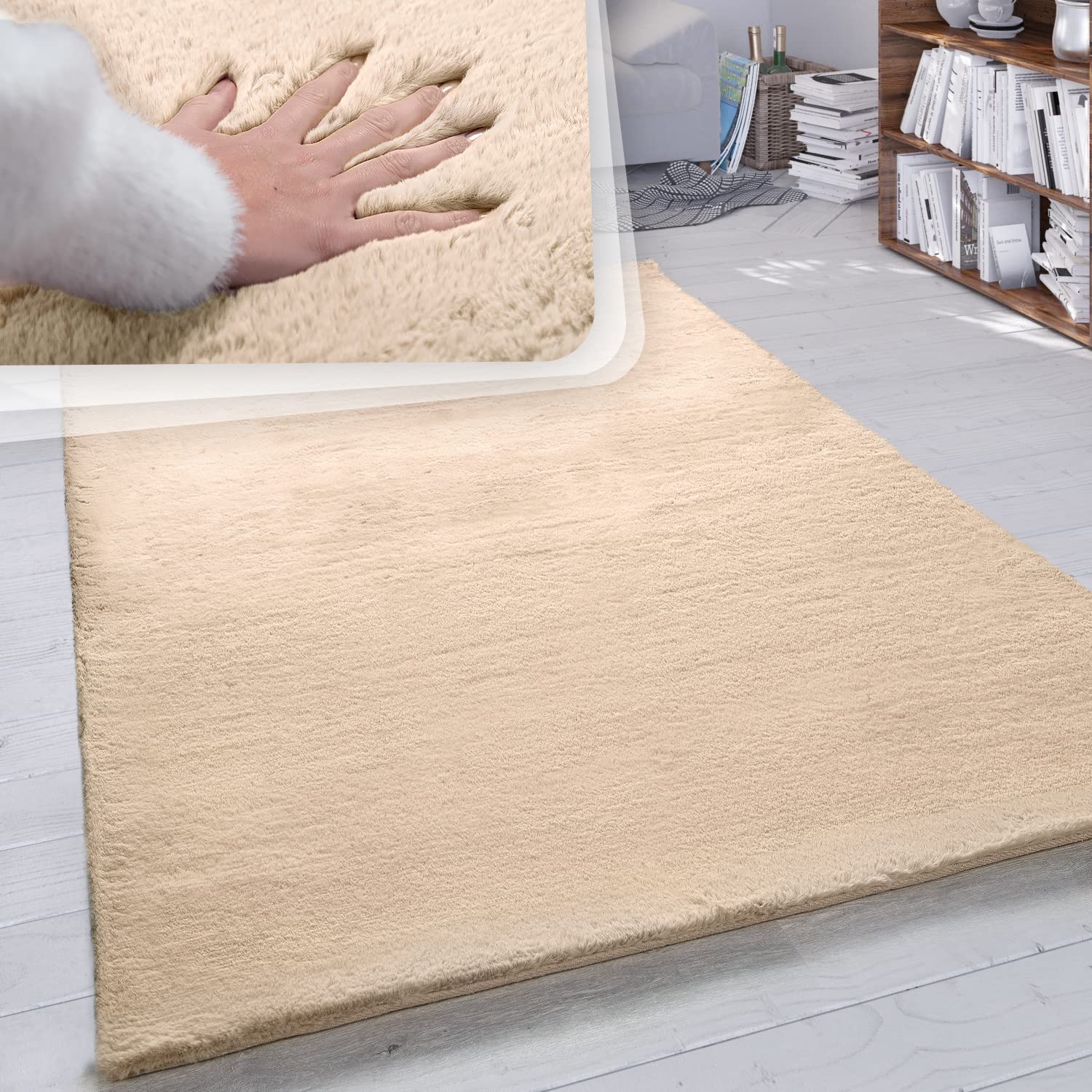 Paco Home Hochflor Teppich Wohnzimmer Schlafzimmer Shaggy Modern Flauschiger Fellteppich Weich Fell Imitat Kunstfell Einfarbig, Grösse:160x230 cm, Farbe:Sand
