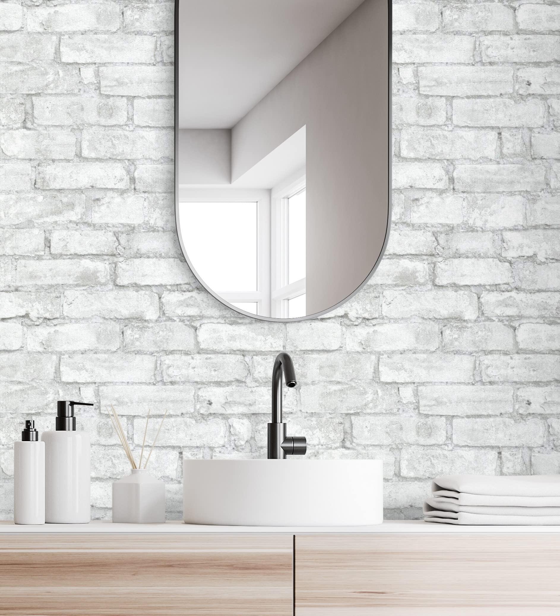 Papier peint vinyle lessivable imitation brique blanc et gris texturé relief 10m x 0,53m