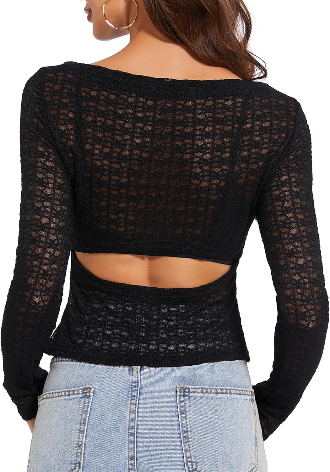 Women's Long Sleeve Crewneck Cut Out Back Lace T Shirts Sexy Mesh Slim Fit Y2k Going Out Crop Tops Streetwear - Image 2