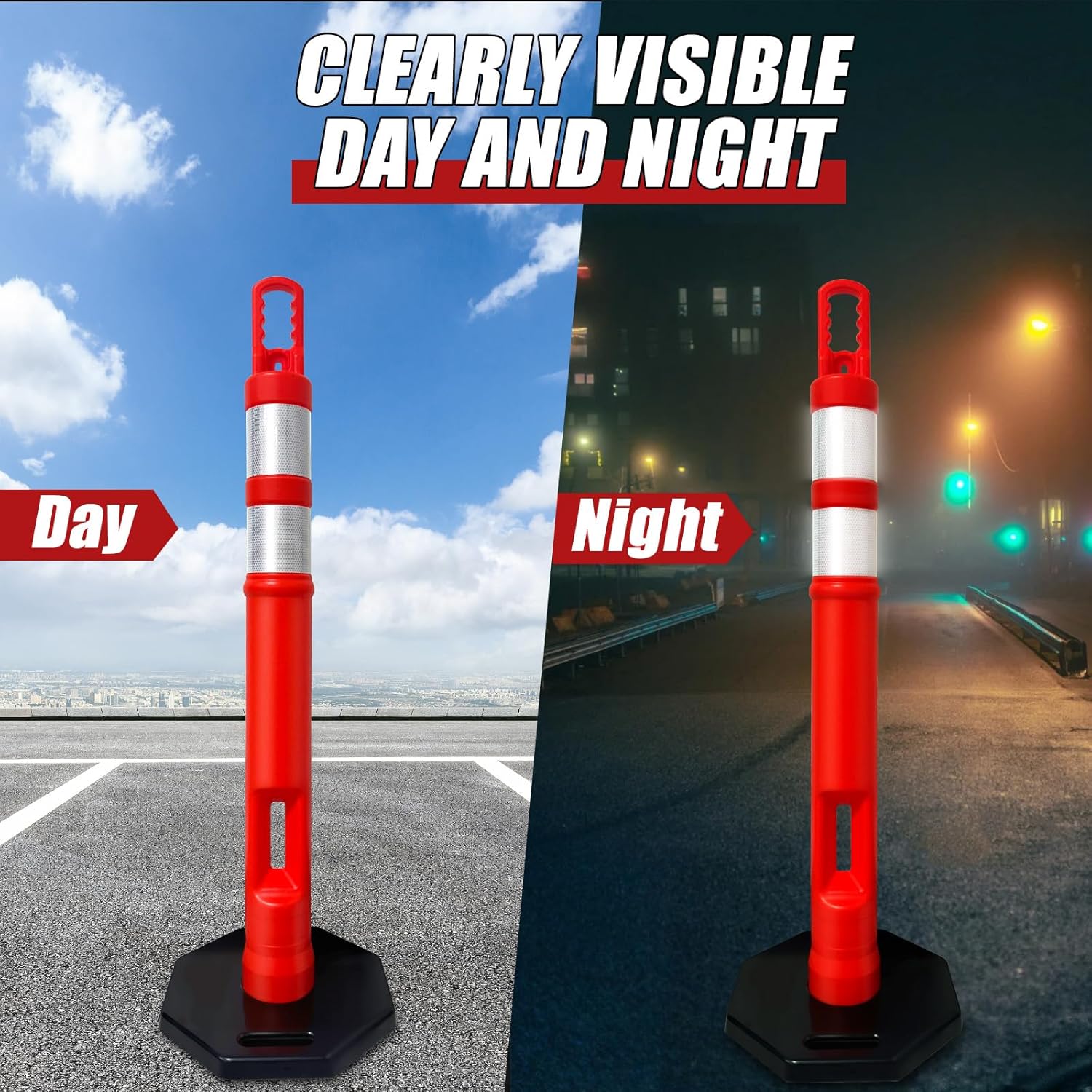 (Pack of 3 Sets) CJ Safety 45" inch Orange Delineator Post Cone with 10 lbs. Rubber Base Heavy Duty, 2 Reflective Bands for Driveway, Parking Cones (Set of 3 (Post & Base))