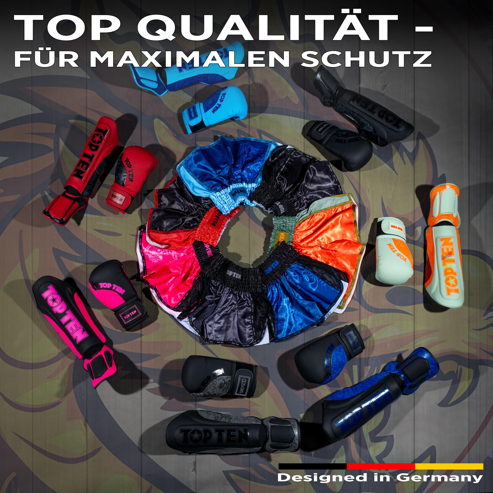 TOP Ten Schienbeinschutz Dragon – Design Kickboxen Schienbeinschoner & Muay Thai Schienbeinschützer – Premium Shin Guards mit Drachen-Print für MMA & Kampfsport – Anatomische Beinschoner