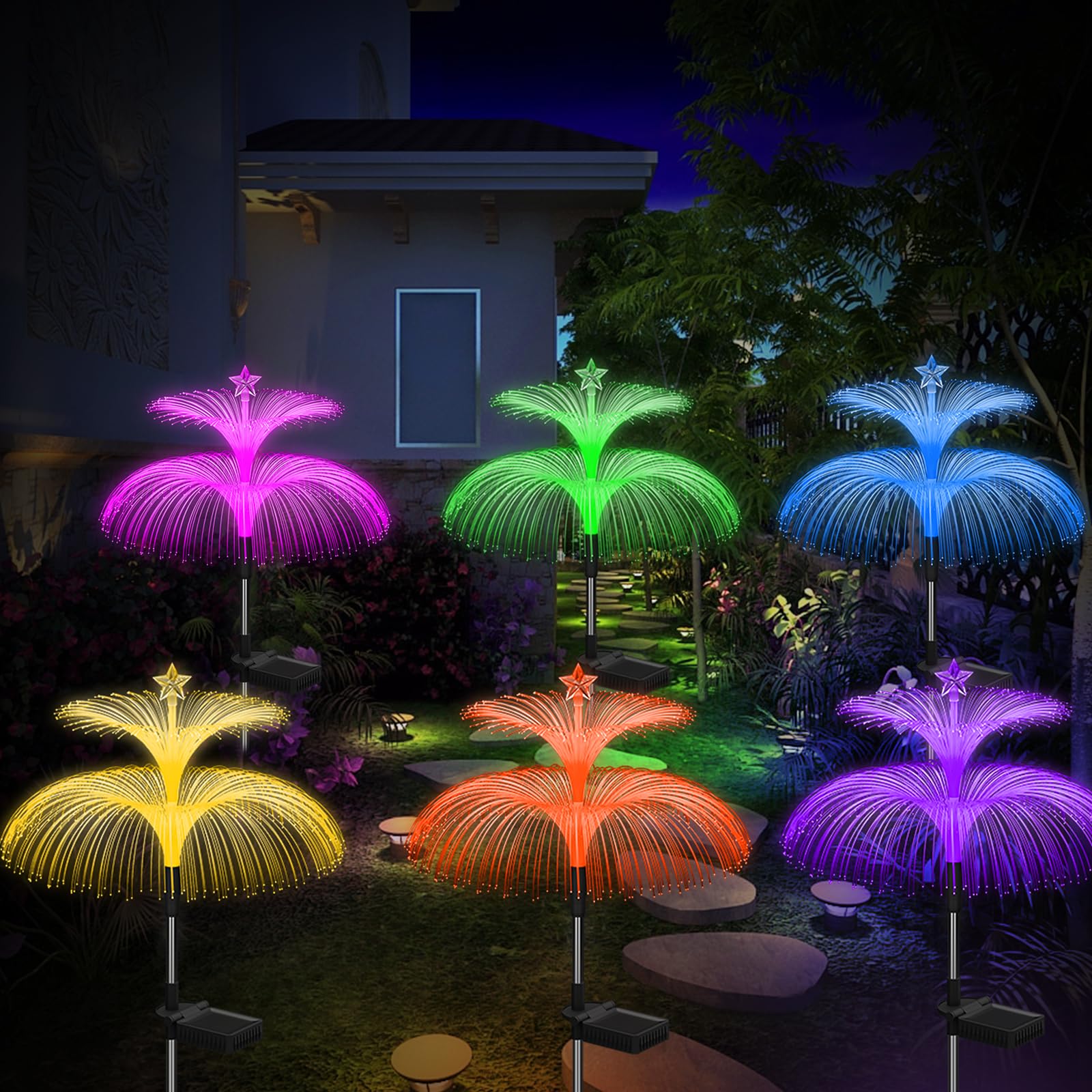 Weepong Lot de 6 lampes solaires de jardin étanches 7 couleurs changeantes double méduse et étoile fleur décoration de jardin, jardin, pelouse, décorations de Noël, cadeaux pour femme et maman