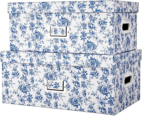 Briful Juego de 2 cajas de almacenamiento de porcelana azul y blanca con tapas, elegantes cubos organizadores de anidación floral, juego de cajas de