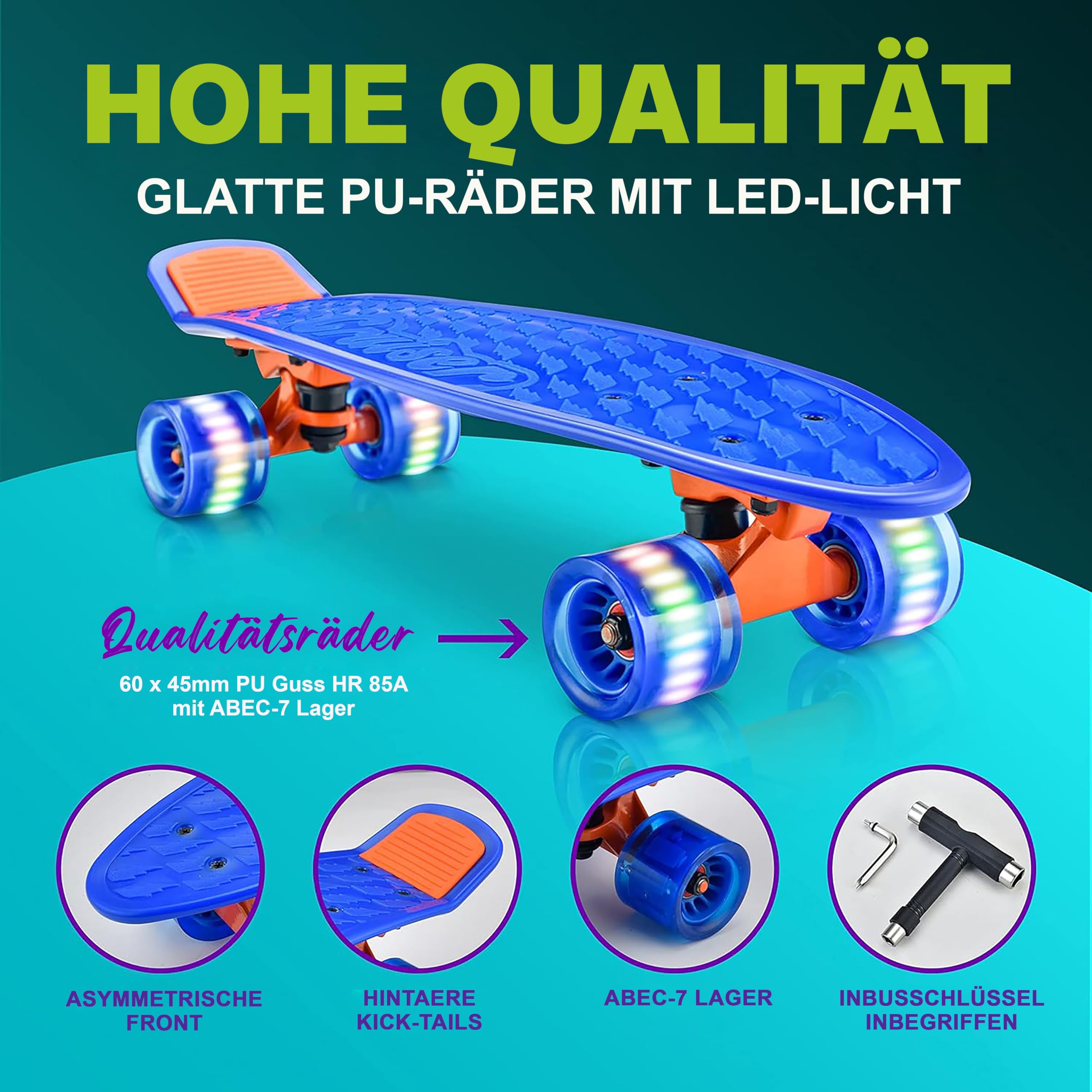 Hurtle Skateboard Kinder ab 6 Jahre, Mini Skateboard mit LED Leuchtrollen, 55cm Pennyboard mit Anti- Rutsch Deck für Mädchen & Junge, Cruiser LED, Kaykay- für Anfänger & Fortgeschrittene, Max100kg