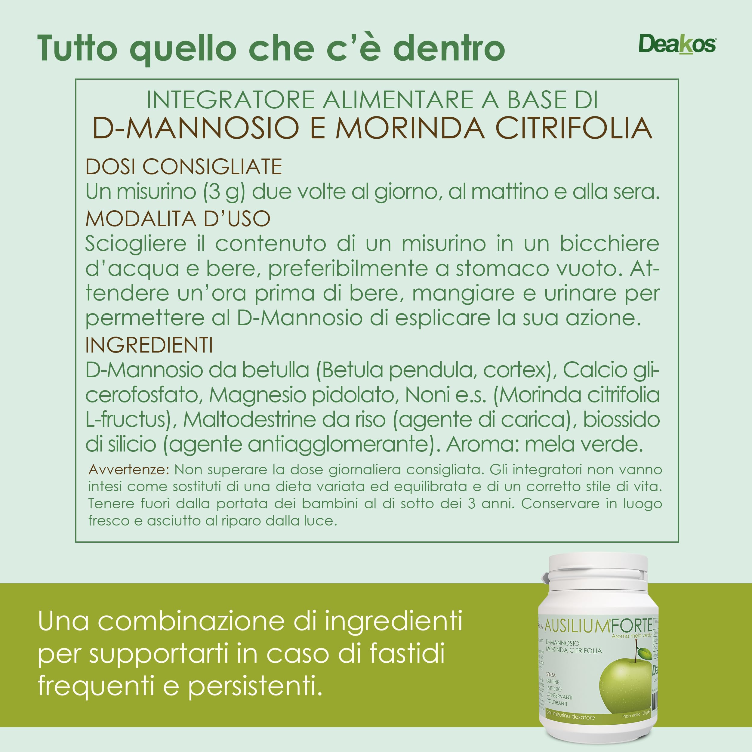 Deakos Ausilium Forte 150g - Integratore Cistite Donna e Benessere delle Vie Urinarie - In Polvere Gusto Mela Verde - A base di D Mannosio Puro e Morinda Citrifolia - Senza Glutine e Lattosio