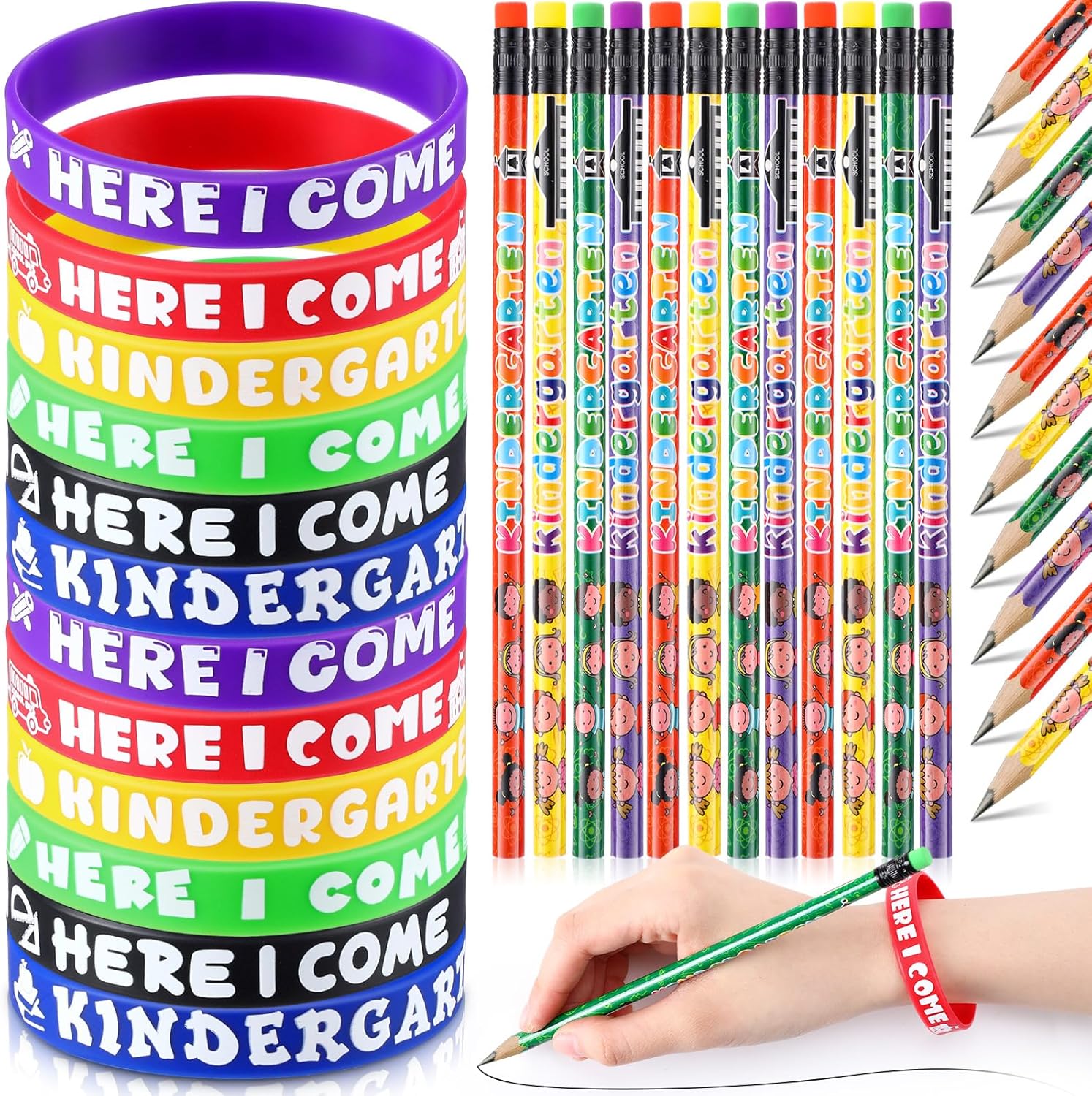 Spakon 48 Sets Kindergarten Here I Come Pencils Bracelets Set, Kindergarten Pencils Wristbands Gifts for Kids Classroom, 100 Days of School Prizes, Back to School Student Rewards Goodie Bag Fillers