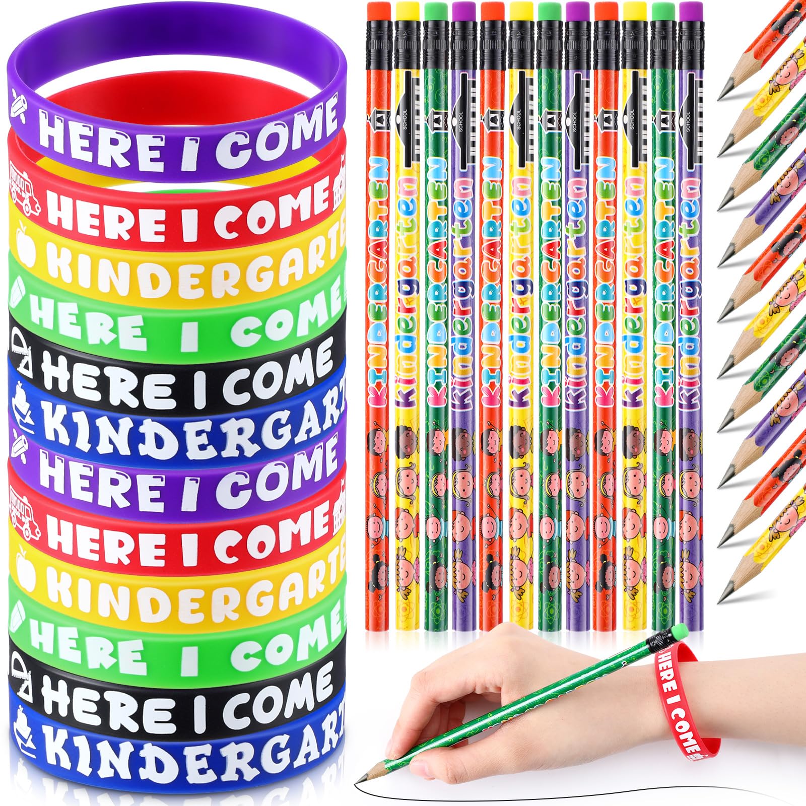 Spakon 24 Sets Kindergarten Here I Come Pencils Bracelets Set, Kindergarten Pencils Wristbands Gifts for Kids Classroom, 100 Days of School Prizes, Back to School Student Rewards Goodie Bag Fillers