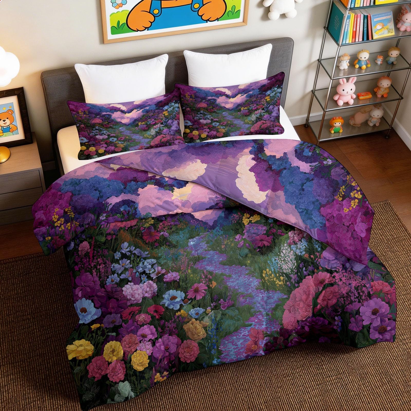 Edredón 4 estaciones 135x200 lila con cuadro de paisaje de flores y 2 fundas de almohada transpirable