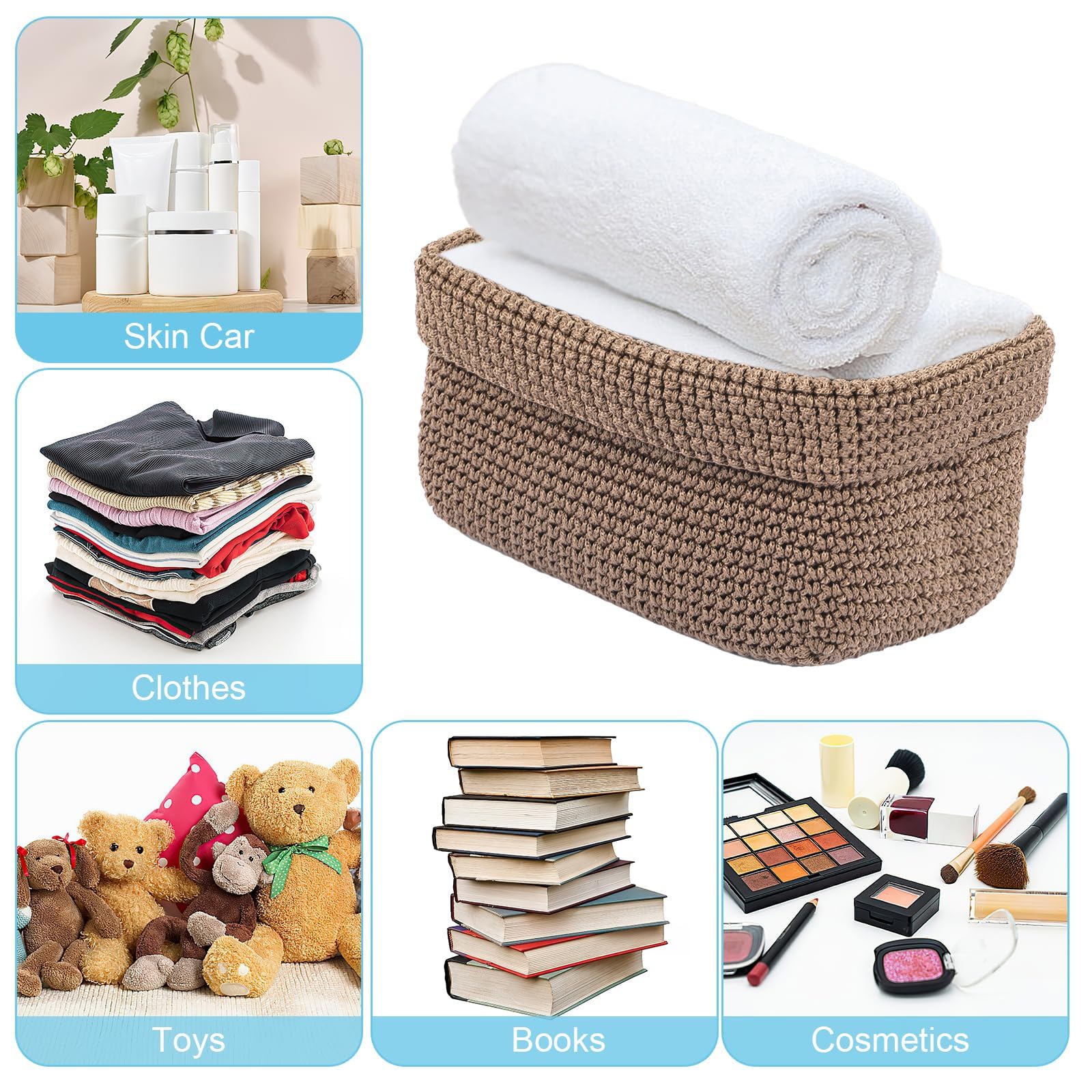 Aufbewahrungskorb Braun, Handgewebter Häkelkorb aus Baumwollseil, Stylischer Strickkorb für Deko, Bad Körbchen, Handtuchkorb für Handtücher, Kosmetik, Spielzeug und Bücher (21 × 13 × 15,5 cm)