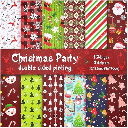 Papel de álbum de recortes de Navidad de 12 x 12 pulgadas, doble cara, 12 diseños, 24 hojas, patrón de impresión, bloc de papel decorativo para