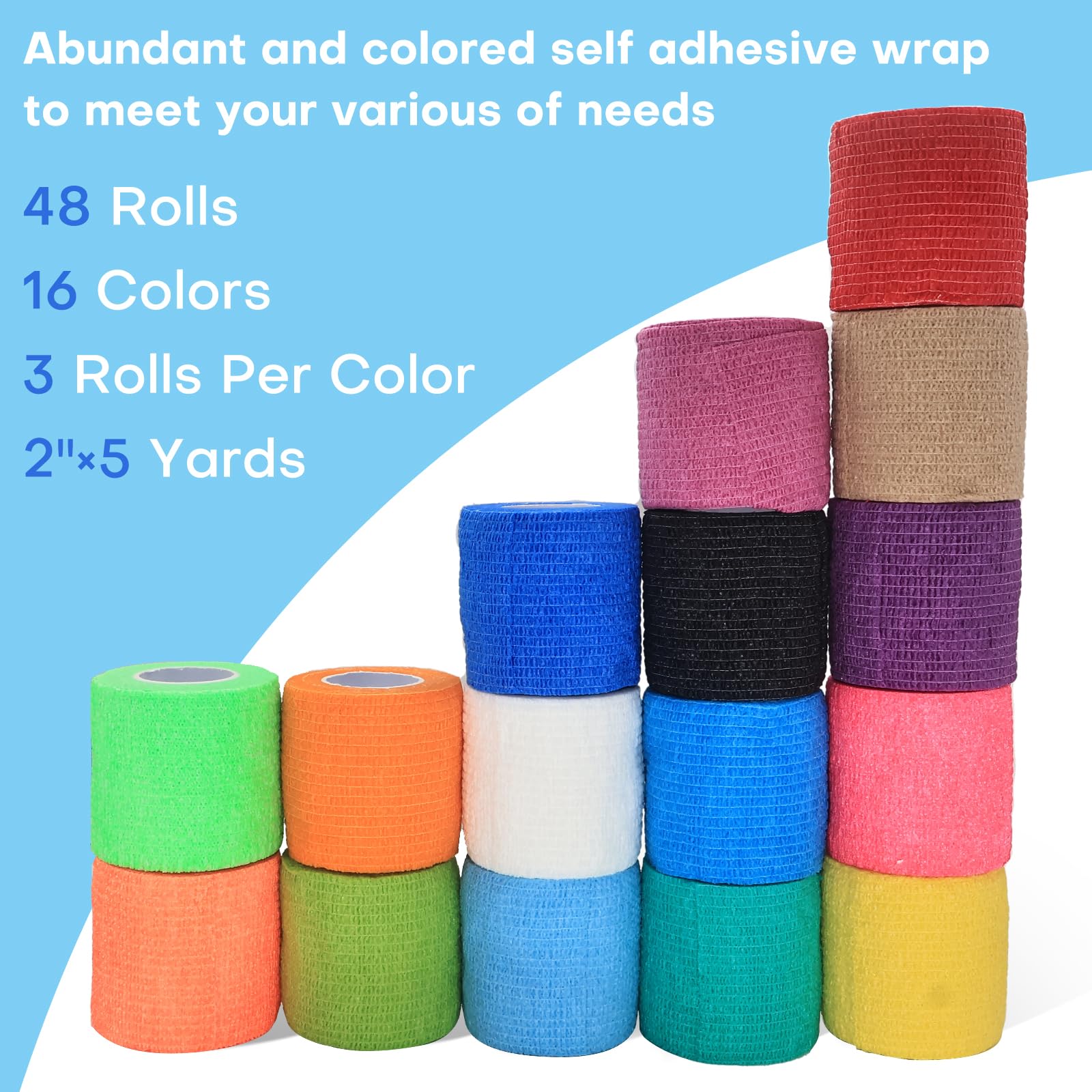 Selbsthaftende Bandagen, 5,1 x 5,1 m, elastisch, atmungsaktiv, kohäsiv, für Handgelenk- und Knöchelsport, mehrfarbig, 48 Stück