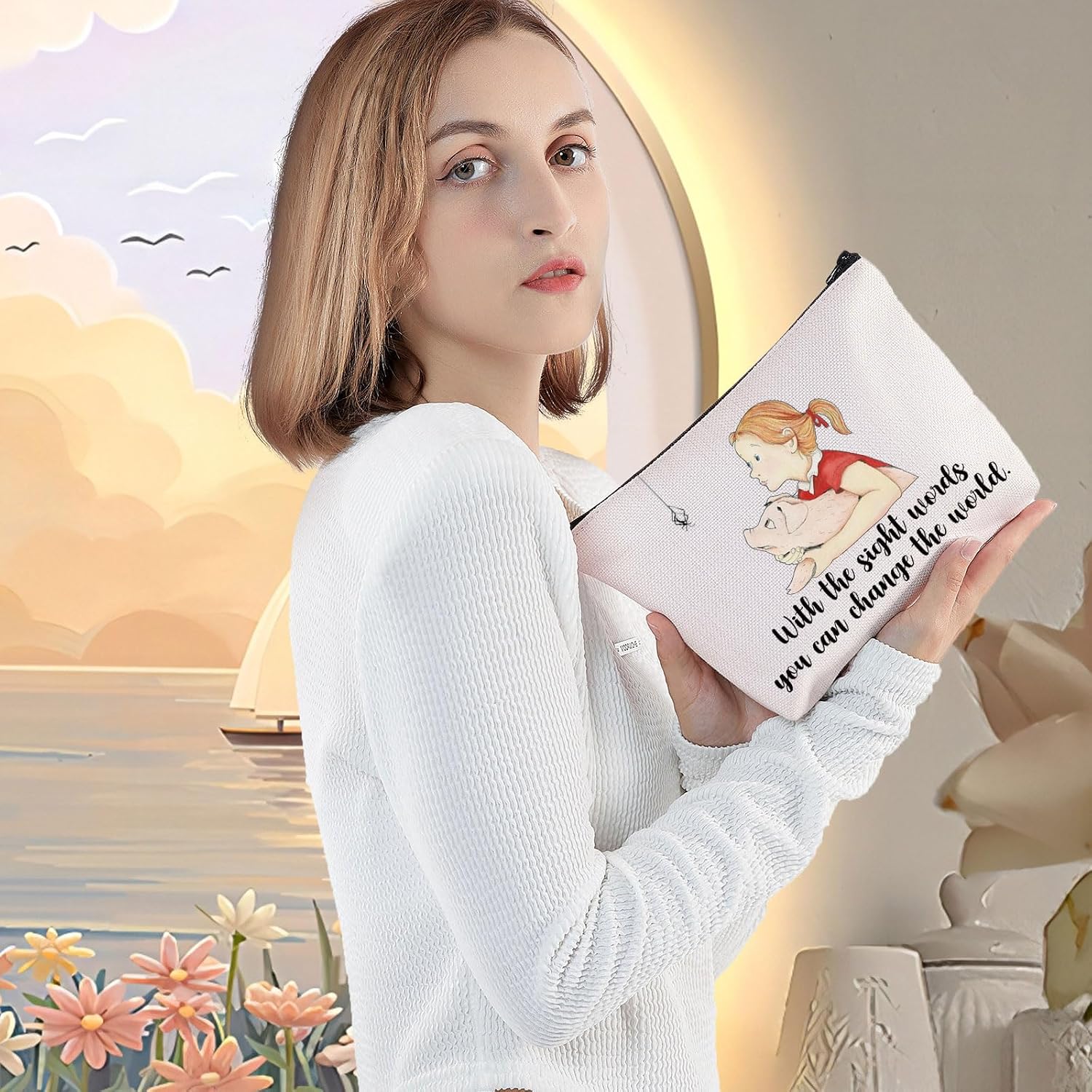 LEVLO Pig Wilbur & Fern Cartoon Cosmetic Bag Spider Charlotte Fans Gift With The Sight Words You Can Change The World Makeup Zipper Pouch Bag For Movie Fans (With The Sight)