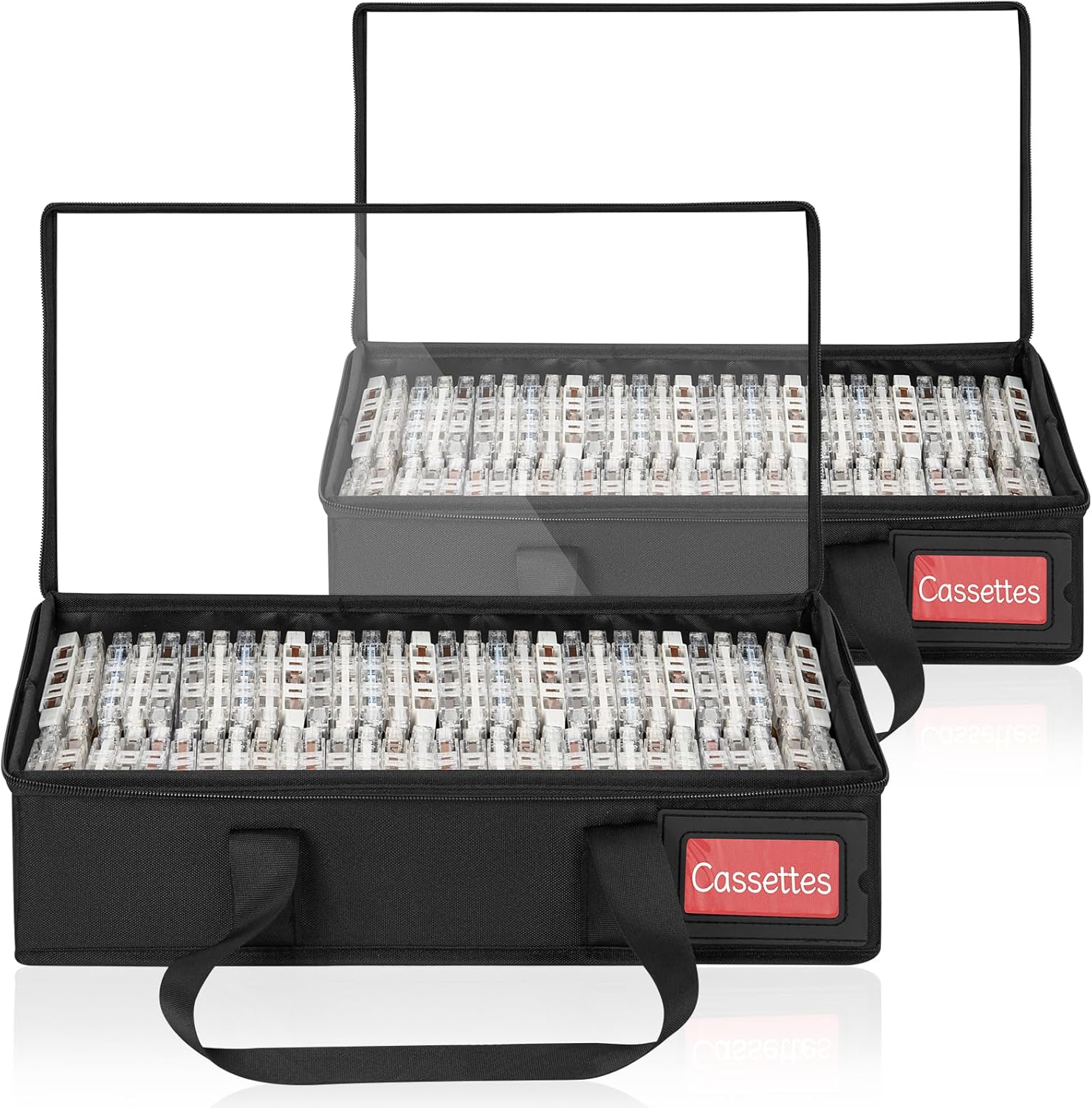 Cassette Storage Case 2 Pack, Each Holds 64 Tapes (Total 128), 15.7" × 8.5" × 3.5", Portable Organizer Bag with Transparent Cover, Zipper and Handles, Black