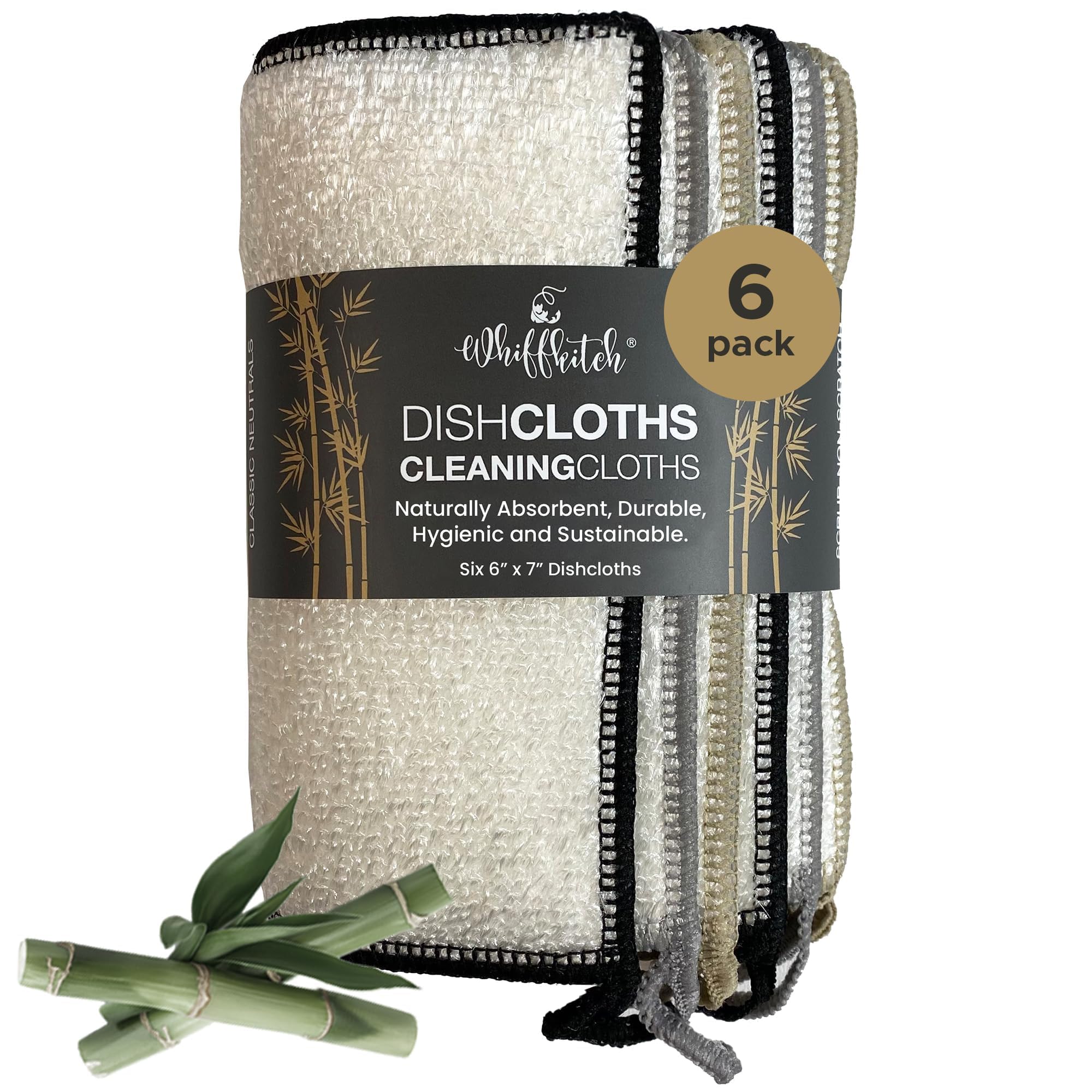 Whiffkitch Dishcloths Dishrags for Kitchen and Household Cleaning 6x7 6-Pack Non-Scratch 2-Ply Weave, Rayon Derived from Bamboo, Absorbent, Washable, Long-Lasting