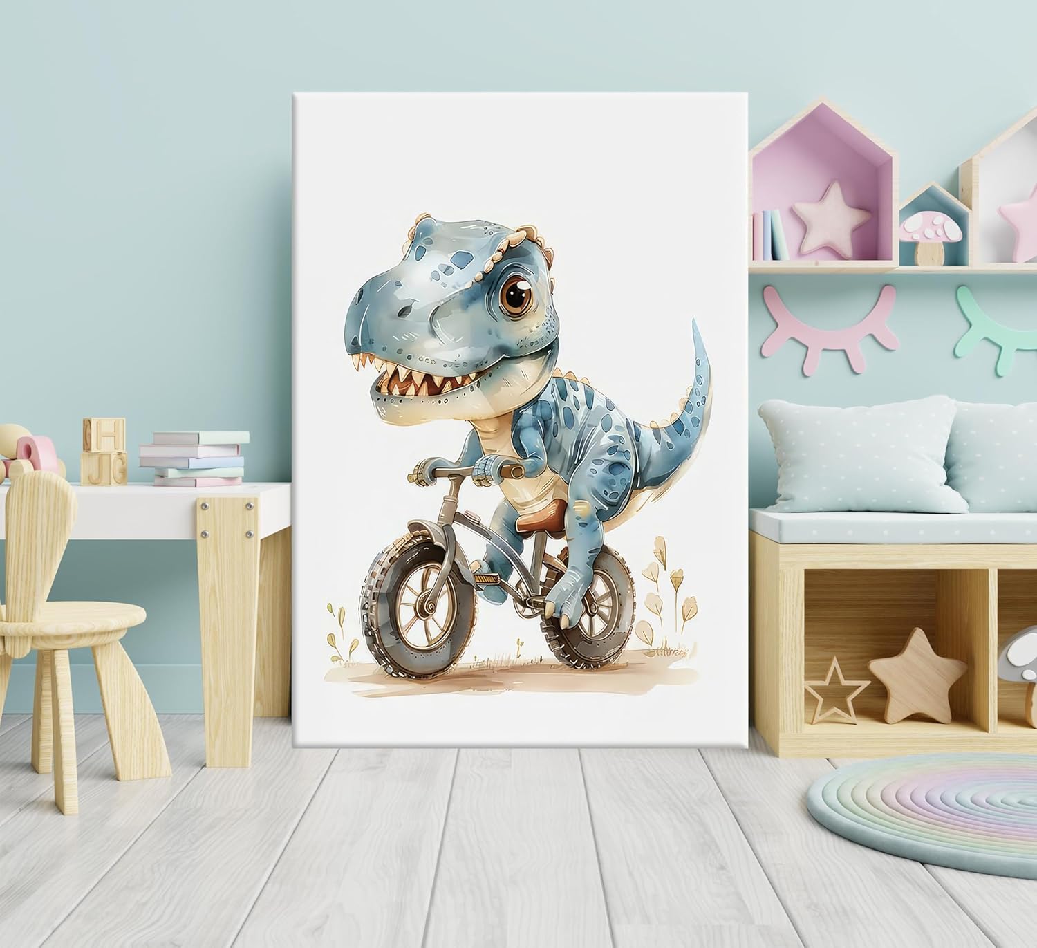 Funny Dinosaur Nursery Canvas Wall Art Surfing Skateboard Riding Dinosaur Painting Picture Wall Decor Sport Nursery dinosaur Print Artwork Poster Print Artwork for Boys Room Girls Room Home Decoration