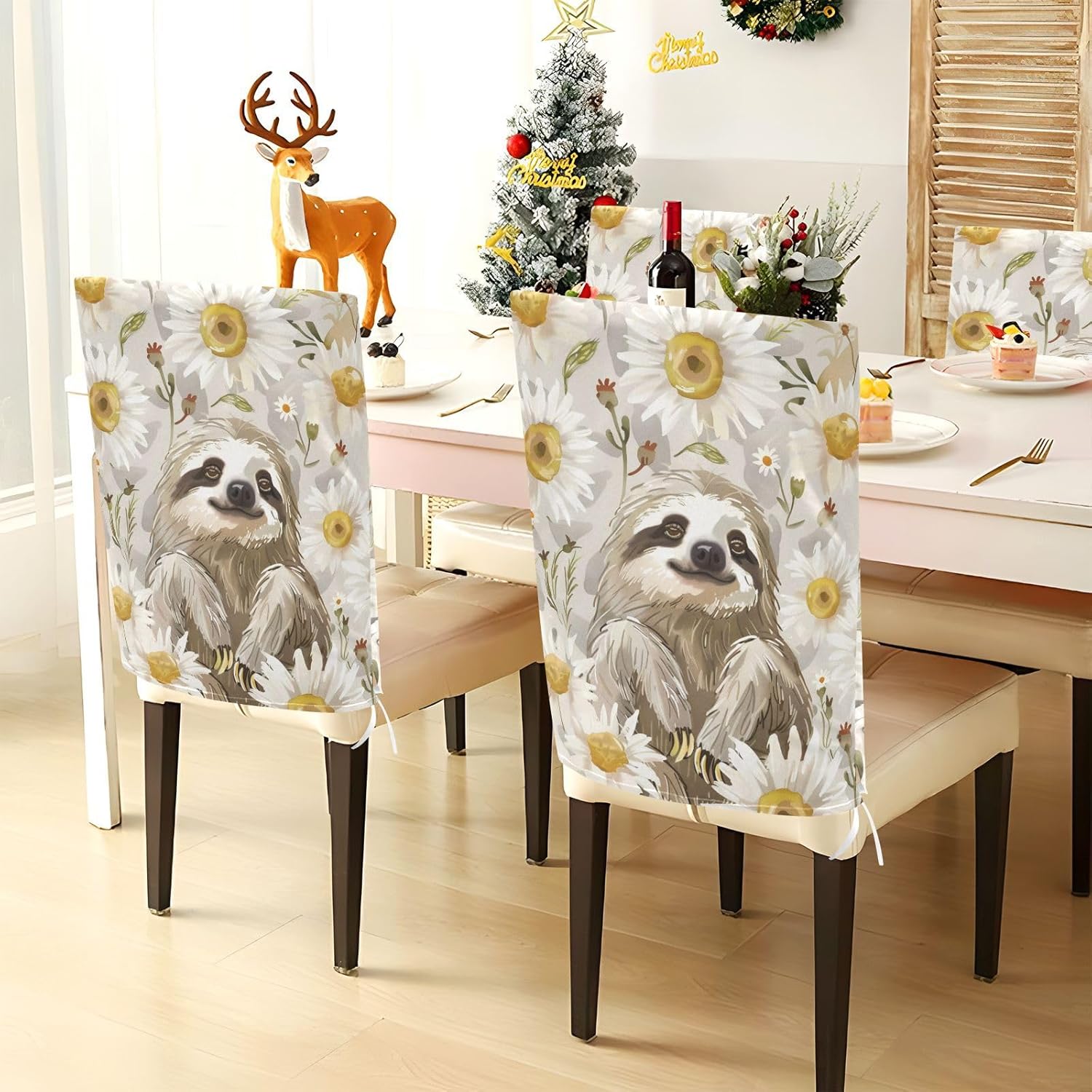 ALAZA Sloth White Daisy Chair Back Cover Set of 6, Washable Reusable Removable Chair Slipcovers Decorative Chair Cover for Home Kitchen Wedding Party