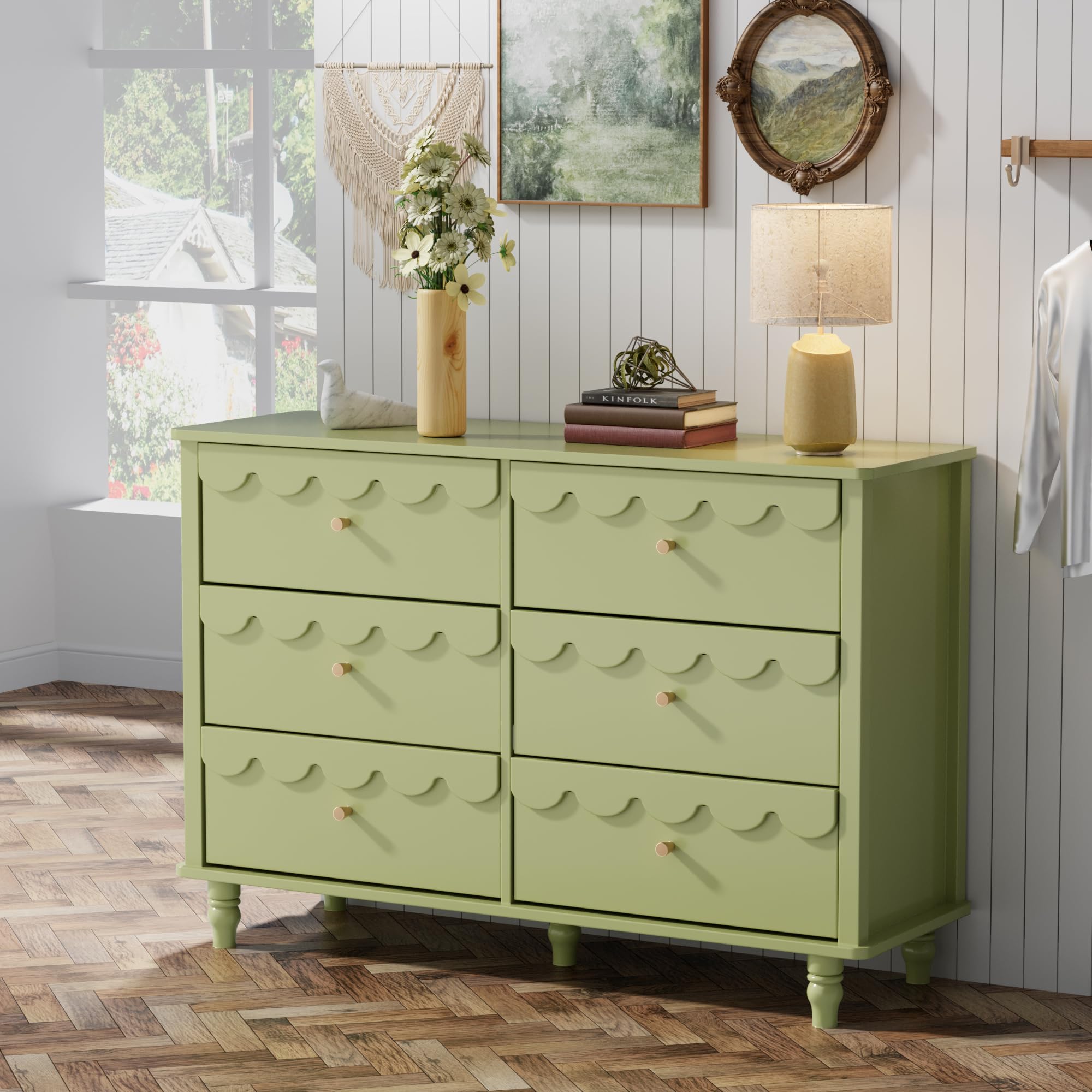 Anbuy Green 6 Drawer Dresser for Bedroom, Modern Wide Chest of Drawers, Scalloped Organizer Storage with Drawers, Fluted Petal Pattern Large Storage