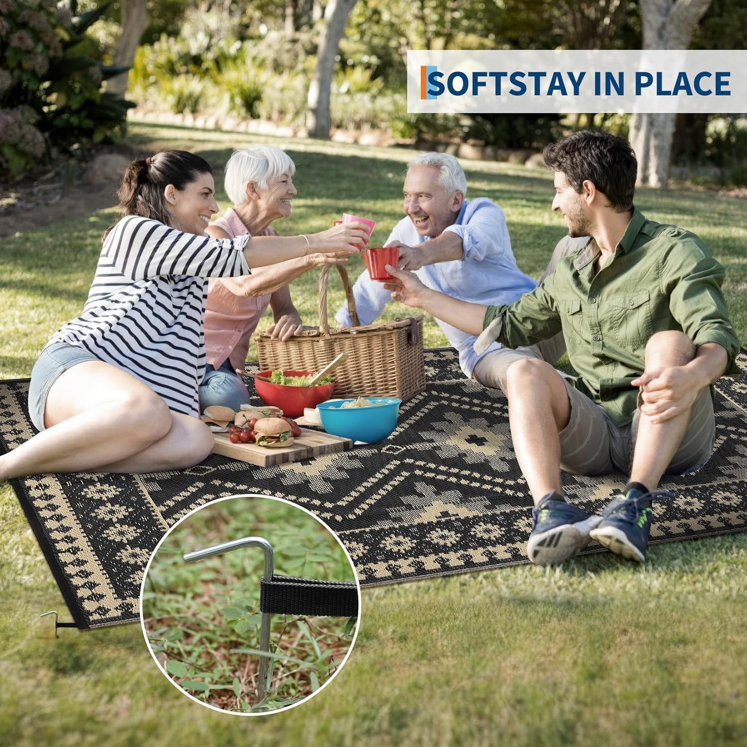 8x10 Brown Outdoor Rug, Waterproof Plastic Straw Reversible Ethnic Geometric Patio Mat, Symmetrical Tribal Pattern Washable RV Camping Carpet, Foldable Portable Deck Rug for Picnic Backyard