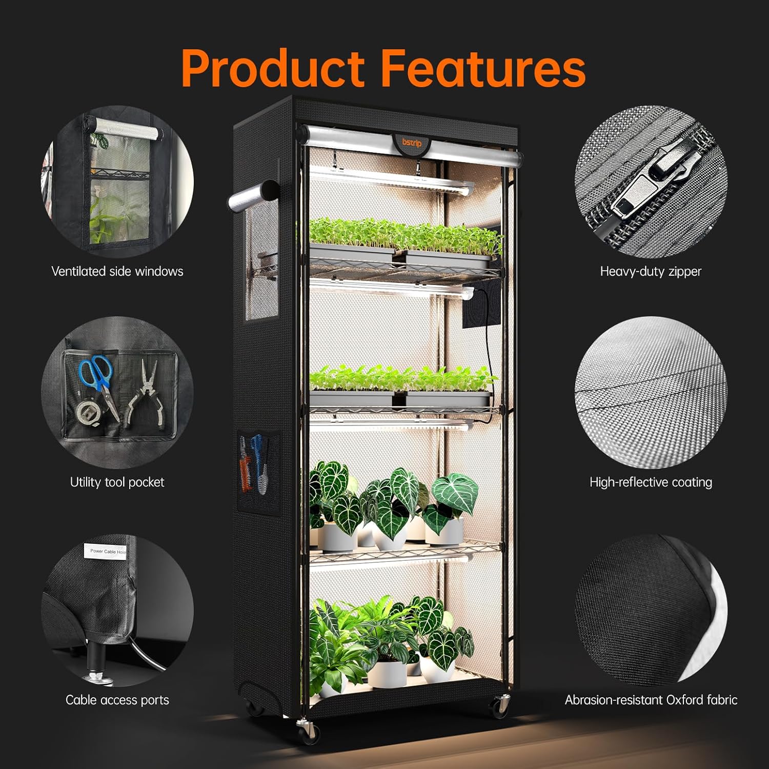 Bstrip Indoor Greenhouse with Grow Light, 4 Tier Plant Shelf with Oxford Fabric Grow Tent & Timer for Indoor Plant , Mini Greenhouse for Spring Seed Starting, Vegetables, Plant Growth, 23.6"x13.8"x59"