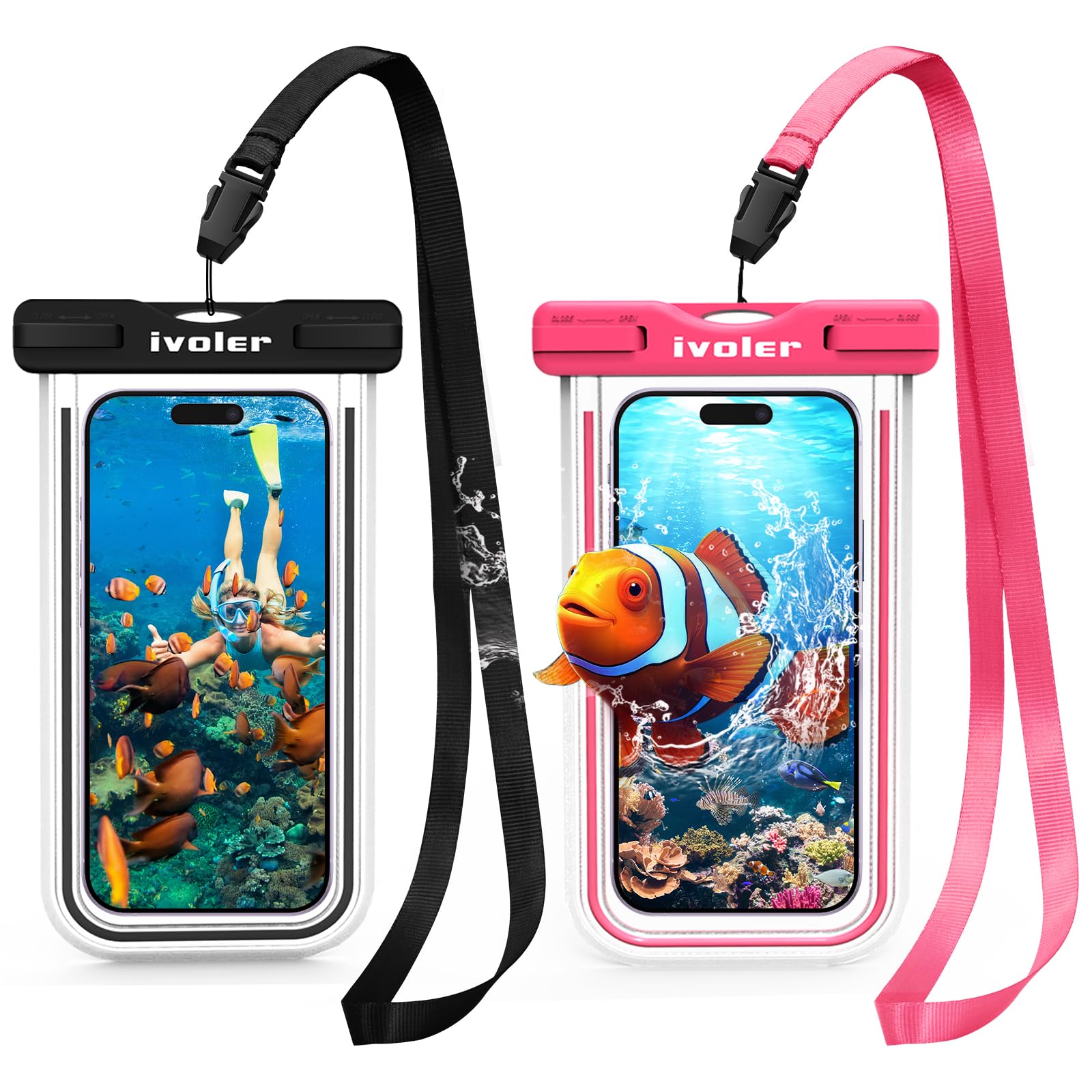 iVoler [2 Pezzi Custodia Impermeabile Smartphone IPX8, Sacchetto Impermeabile Cellulare fino a 7.0'', Universale Cover Subacquea per iPhone 17/16/15 Pro Max, Samsung Galaxy, Xiaomi (Nero+Rosa)