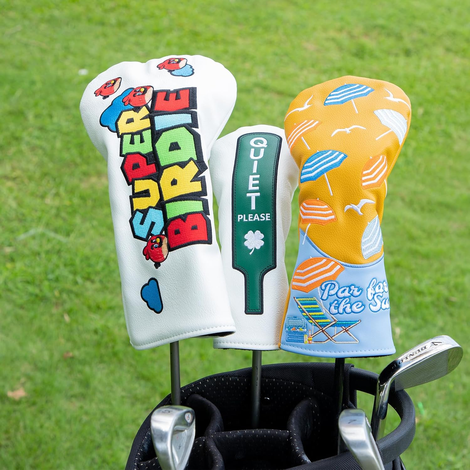 Golf Club Head Covers, Summer Beach Umbrellas Golf Driver Covers, Fairway Wood and Hybrid Head Covers with Interchangeable Tags, Premium PU Leather Golf Club Covers