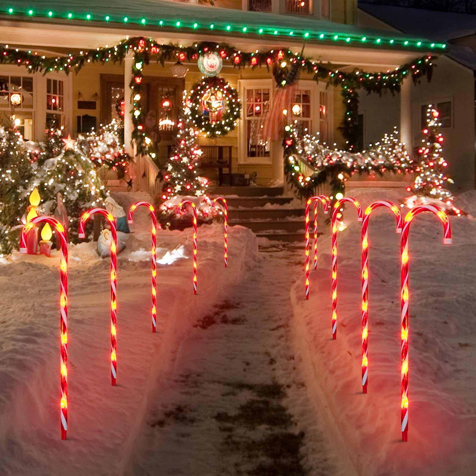 10 Pack 22" Christmas Candy Cane Pathway Markers, Xmas Pathway Lights Outdoor with 70 Warm White Lights for Walkway Garden Lawn Holiday Decorations