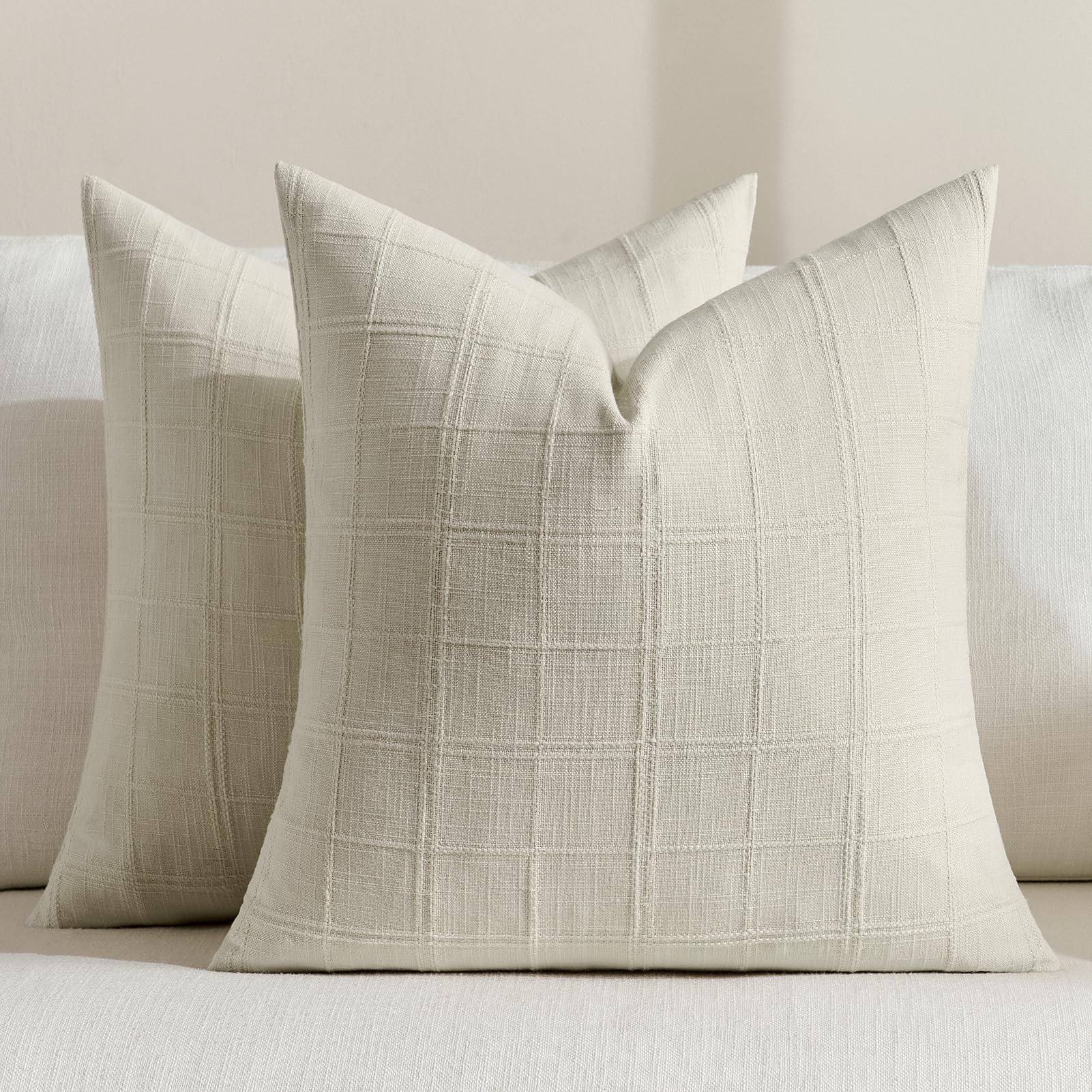 FIBORIA Cream Large 60 x 60 Cushion Covers Faux Linen Outdoor Cushion Cover Set of 2 Tartan Boho Throw Pillow Cases for Spring Sofa Decorations Outdoor Garden Easter Summer Party Home (22 x 22 inch) — image 1