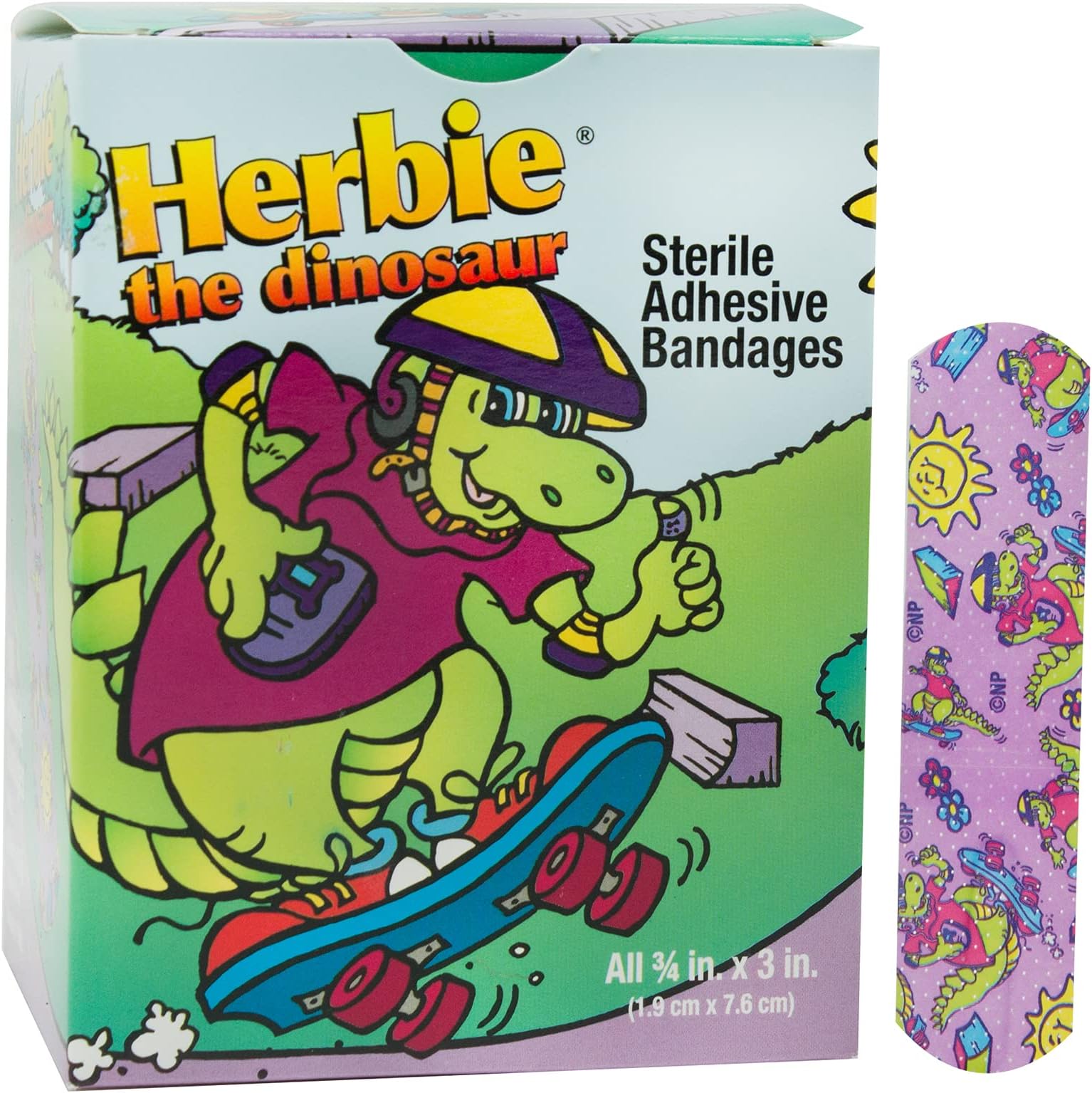 15601 Designer Adhesive Bandages, Sterile, Herbie The Dinosaur, 3 per 4" Width, 3" Length, Pack of 1200