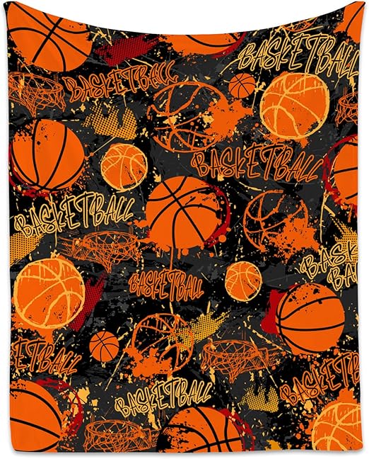 Basketball Blanket, Cozy Soft Throw Gifts for Boys, Cool Orange Flannel Throw Blankets for Couch Sofa, 40x50 Inches