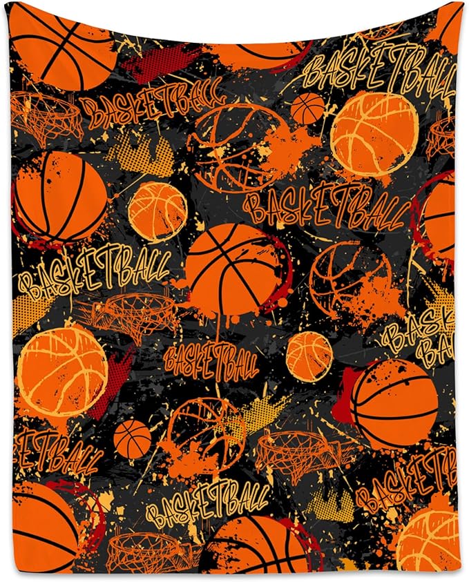 Basketball Blanket, Cozy Soft Throw Gifts for Boys, Cool Orange Flannel Throw Blankets for Couch Sofa, 40x50 Inches